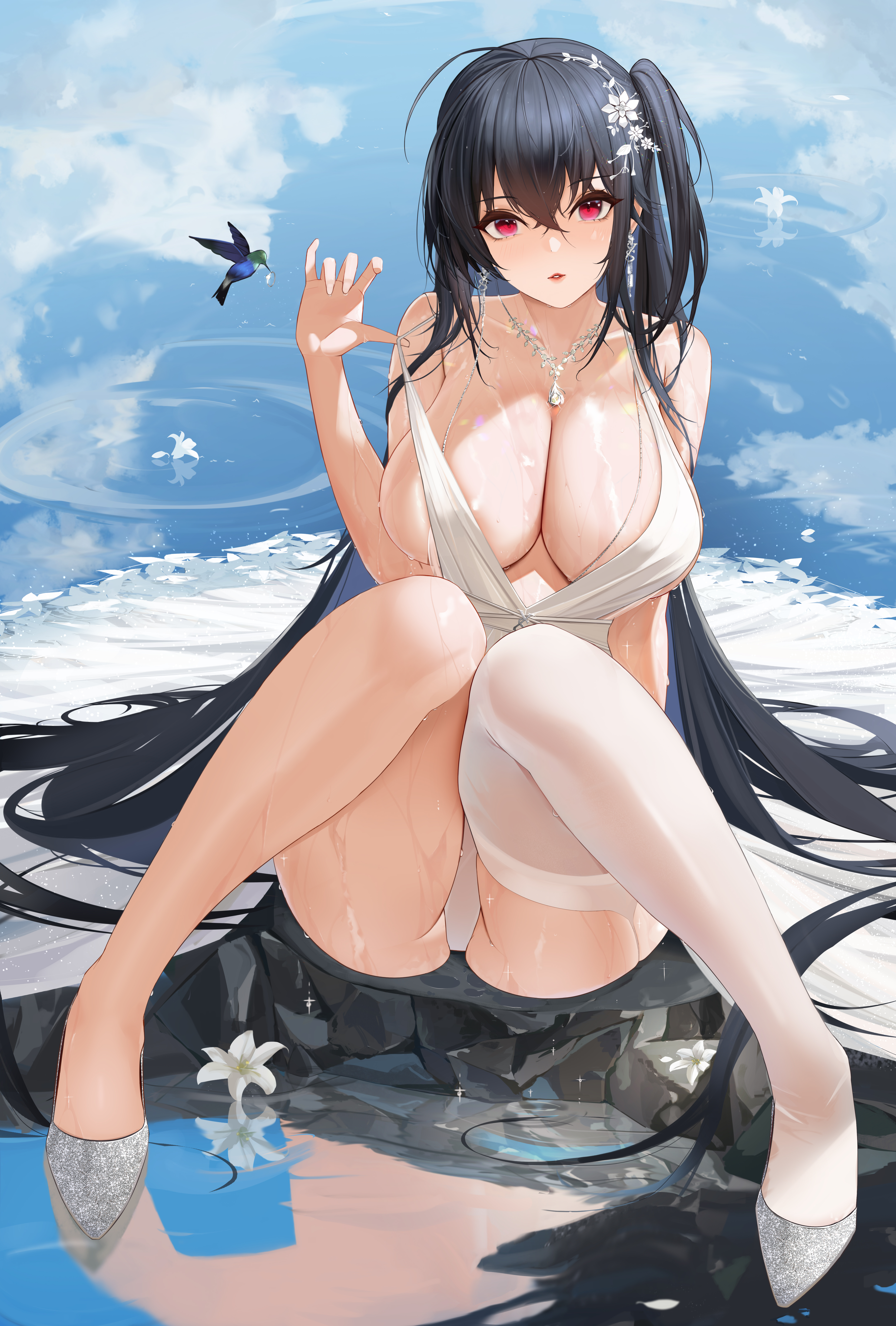 1girls, 2021, afpl, ahoge, asymmetrical hair, azur lane, black hair, blue sky, breasts, cleavage, cleavage dress, detailed background, dress, dress pull, elegant, elegant dress, female, female focus, female only, heels, huge breasts, jewelry, long hair, looking at viewer, low neckline, one thighhigh, outdoors, red eyes, side ponytail, sitting, taihou (azur lane), taihou (temptation on the sea breeze) (azur lane), thick thighs, thighs, very long hair, wedding dress, wet, wet body, white dress