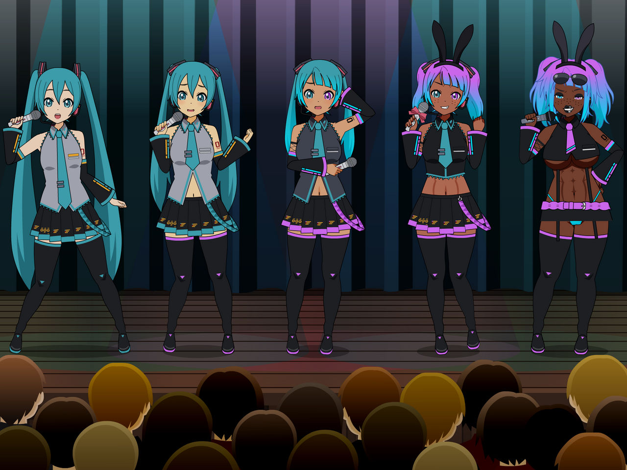 animal ears, aqua eyes, aqua hair, ass, ass expansion, big breasts, bimbo, bimbofication, black lipstick, blackification, blue hair, brainwashing, breast expansion, breast growth, breast growth (enlargement), breasts, corruption, dark skin, dark-skinned female, detached sleeves, ebonization, female, gradient hair, hatsune miku, headset, huge ass, huge breasts, identity death, kisekae, large breasts, lip expansion, long hair, medium breasts, microphone, midriff, multicolored hair, multiple girls, mythicalcreaturebone, navel, necktie, purple eyes, purple hair, race swap, skirt, sunglasses, tagme, takeover, thick lips, thick thighs, thighhighs, transformation, transformation sequence, twintails, underboob, very long hair, vocaloid, wide hips