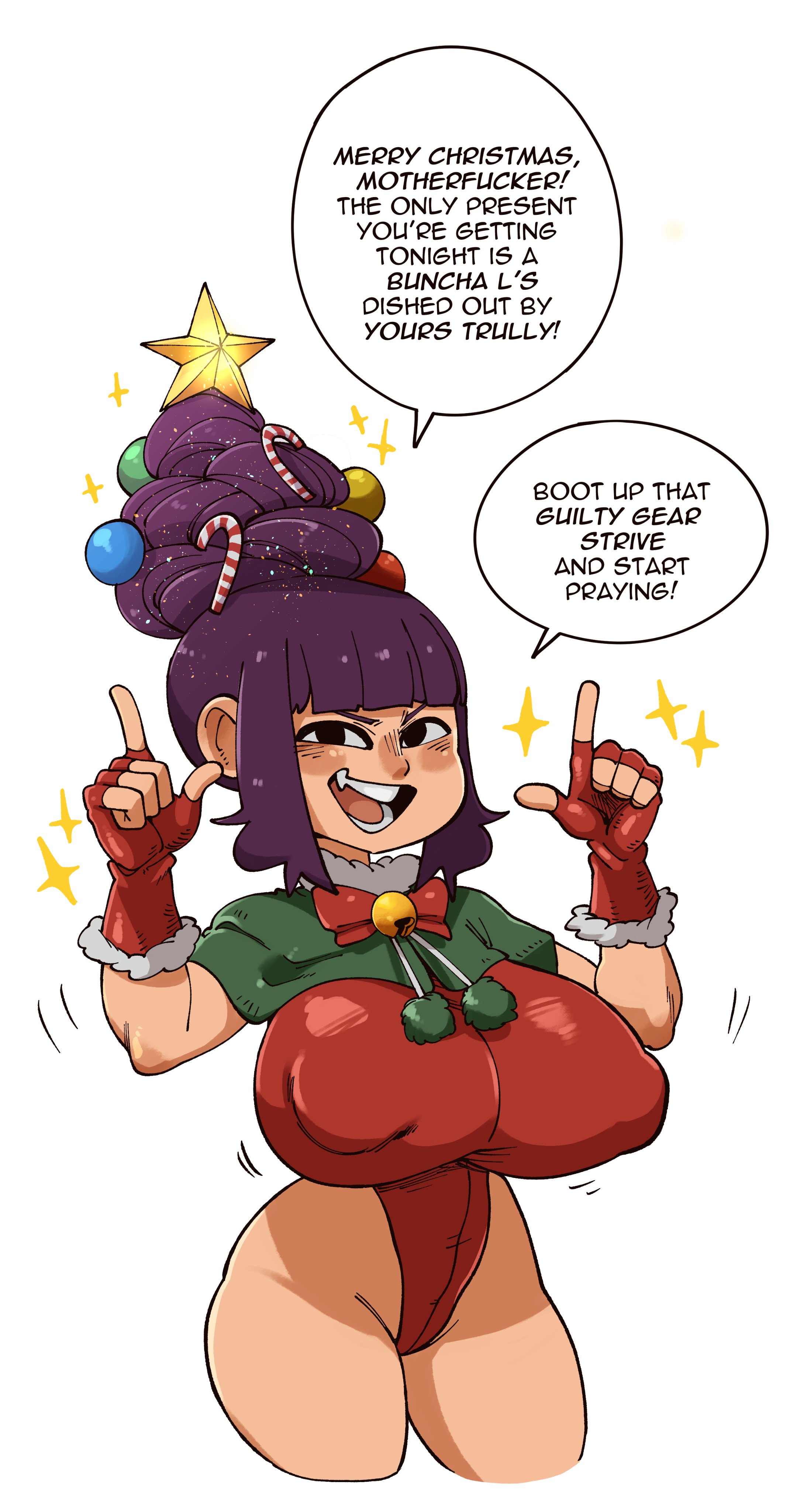 1girls, big breasts, breasts, christmas clothing, command grab, decoration, dialogue, female, female only, glitter, gloves, looking at viewer, nuclearwasabi, smiling, smiling at viewer, speech bubble