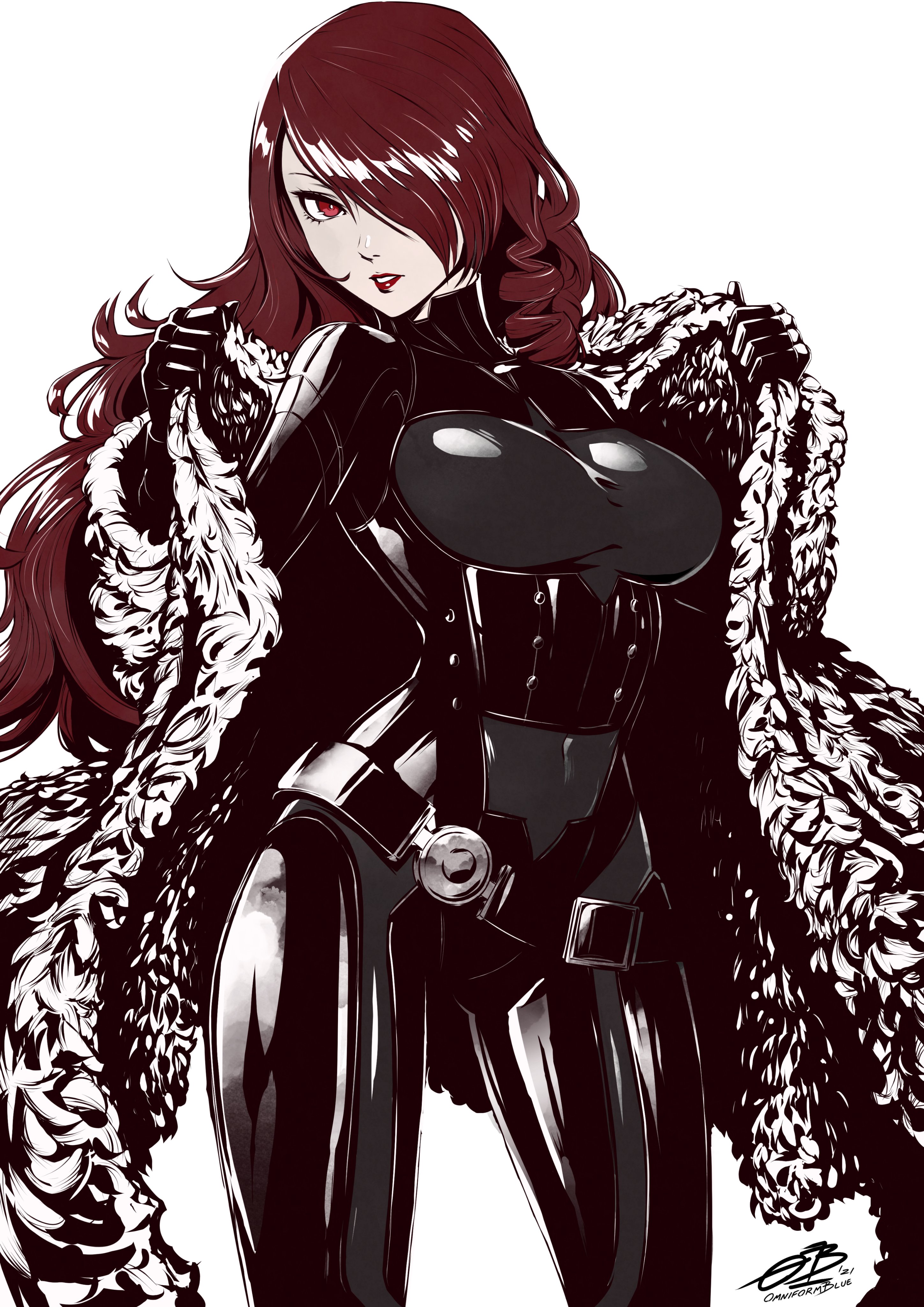anime style, atlus, belt, black bodysuit, bodysuit, breasts, clothed, clothing, female, fur coat, hair over one eye, hourglass figure, image, lipstick, long hair, medium breasts, mitsuru kirijo, mitsuru kirijo (arena), omniformblue, persona, persona 3, persona 4 arena, pin up, pin-up, realistic breast size, red eyes, red hair, red lipstick, shiny, shiny hair, solo, white background
