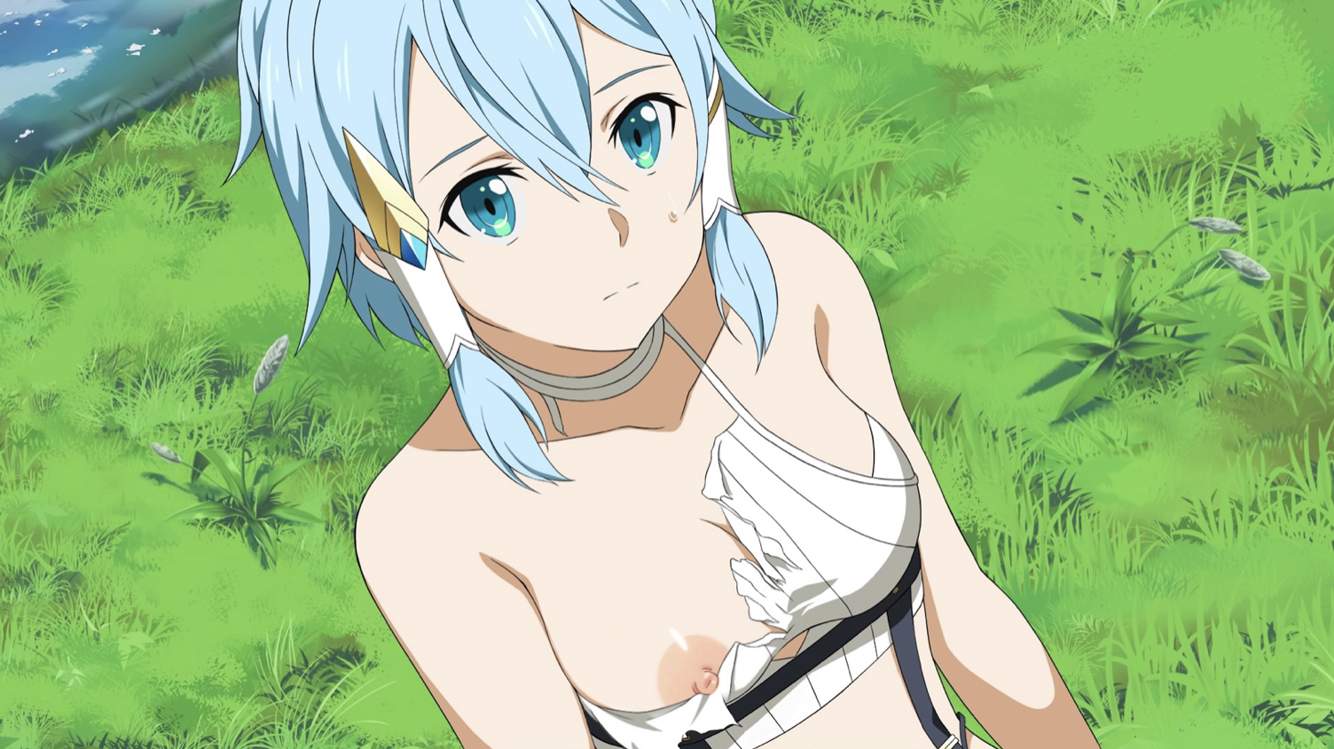 1girls, asada shino, edit, female, nipple slip, nipples, nude filter, sinon, sinon (solus), sword art online, sword art online: alicization, torn clothes