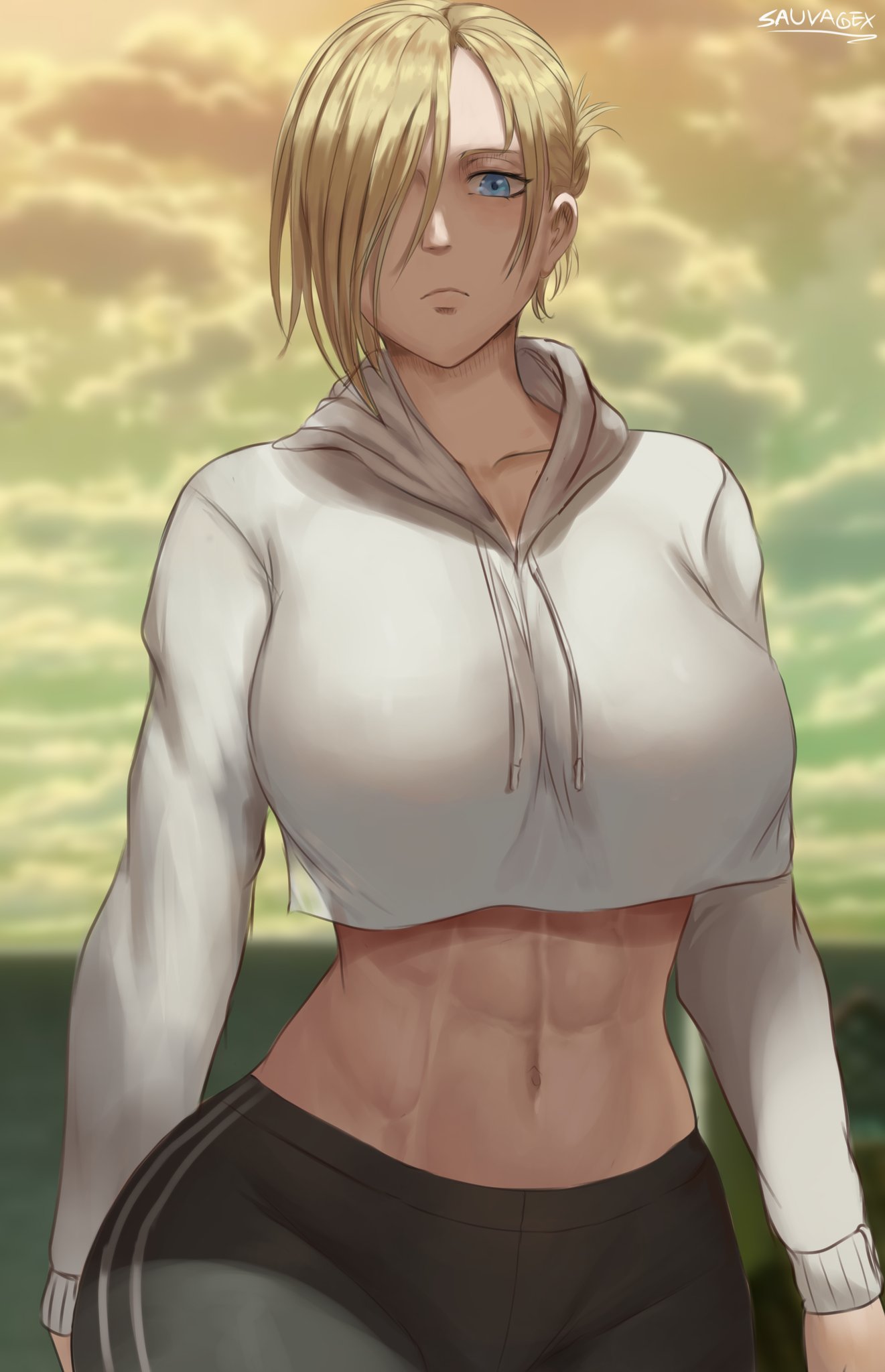 1girls, abs, annie leonhardt, attack on titan, big breasts, blonde hair, blue eyes, breasts, crop top, cropped hoodie, eye contact, female, fully clothed, hi res, high quality, highres, huge breasts, large breasts, looking at viewer, muscular, muscular female, one eye covered, oroborusart, savagexthicc, shingeki no kyojin, thick thighs, thunder thighs, tight clothing, tight pants, toned, toned female, white hoodie, wide hips, yoga pants