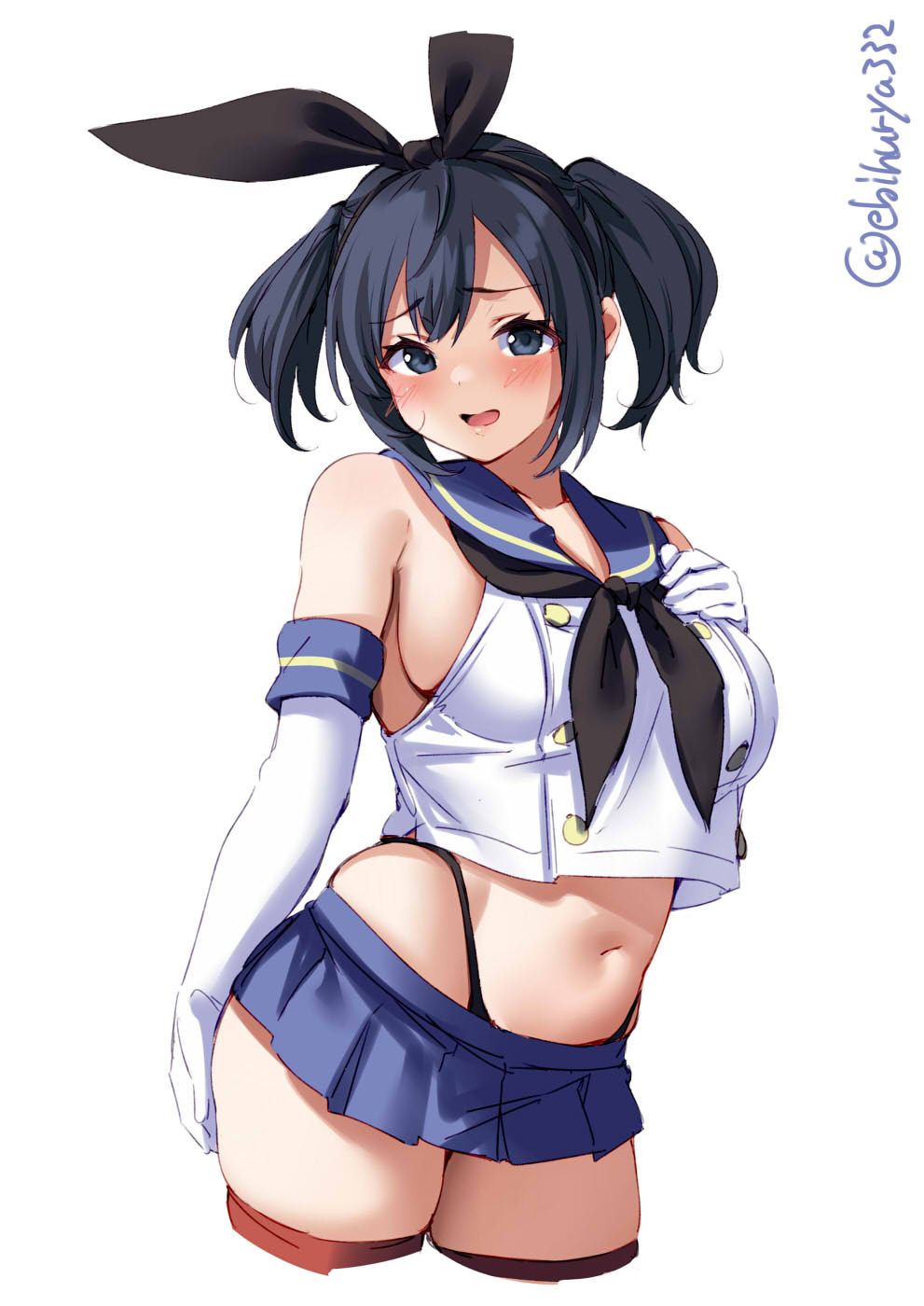 big breasts, black eyes, black hair, blush, breasts, bunny ears, crop top, ebifurya, embarrassed, female, female only, gloves, hairbow, highleg panties, kantai collection, long gloves, looking at viewer, miniskirt, pleated skirt, sailor collar, shimakaze (kantai collection) (cosplay), sideboob, sleeveless shirt, solo, souryuu (kantai collection), thick thighs, thighhighs, thong above skirt, thong straps, twintails, white gloves