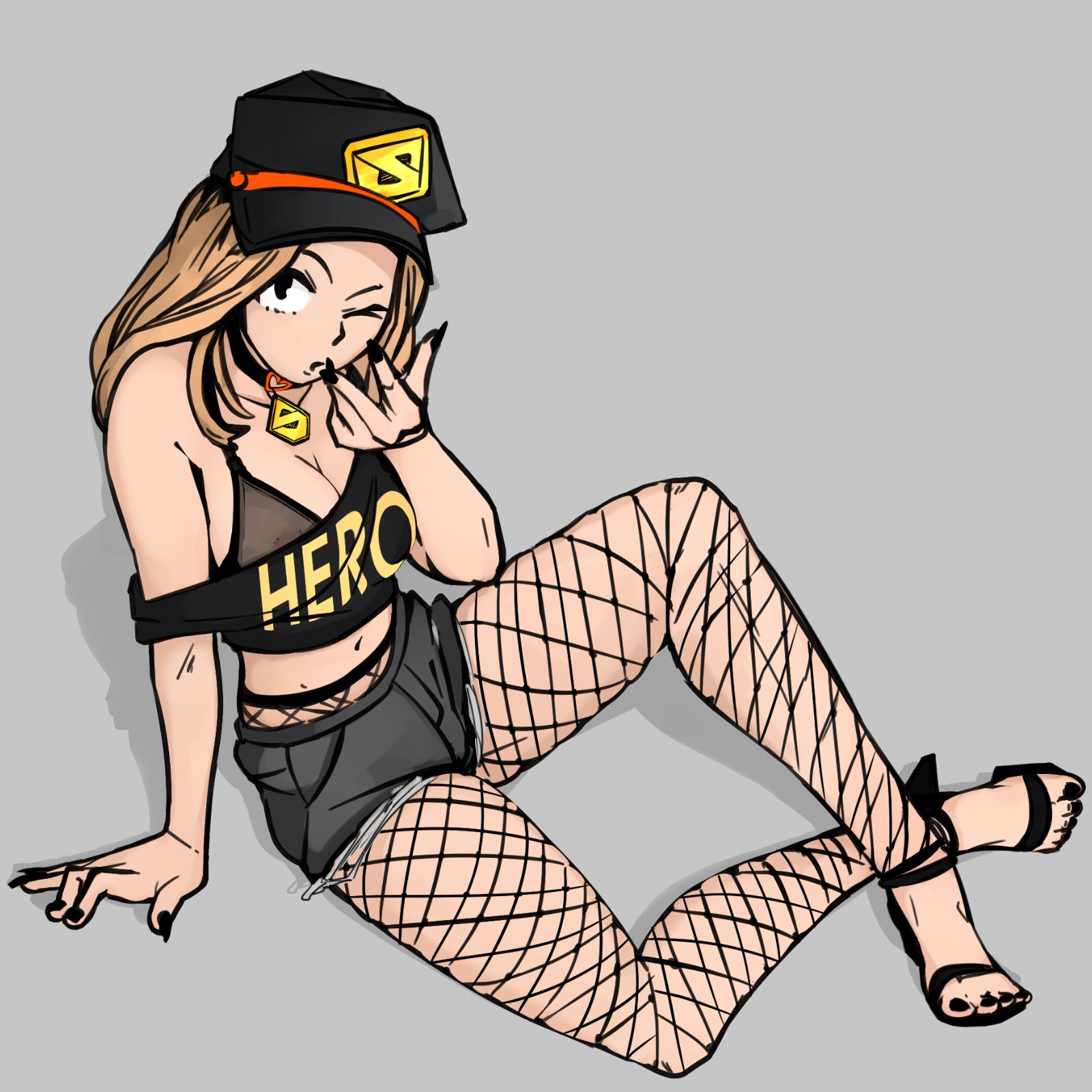 1girls, 2021, areolae, big breasts, black eyes, black nail polish, blonde hair, blonde-haired female, bra, breasts, brown hair, camie utsushimi, choker, female, female only, fishnet pantyhose, fishnets, grey background, hat, hero shirt, long hair, my hero academia, nail polish, one eye closed, open toe shoes, shiketsu high school cap, shiketsu high school dog collar, shorts, simple background, solo, tropic turtle, wink
