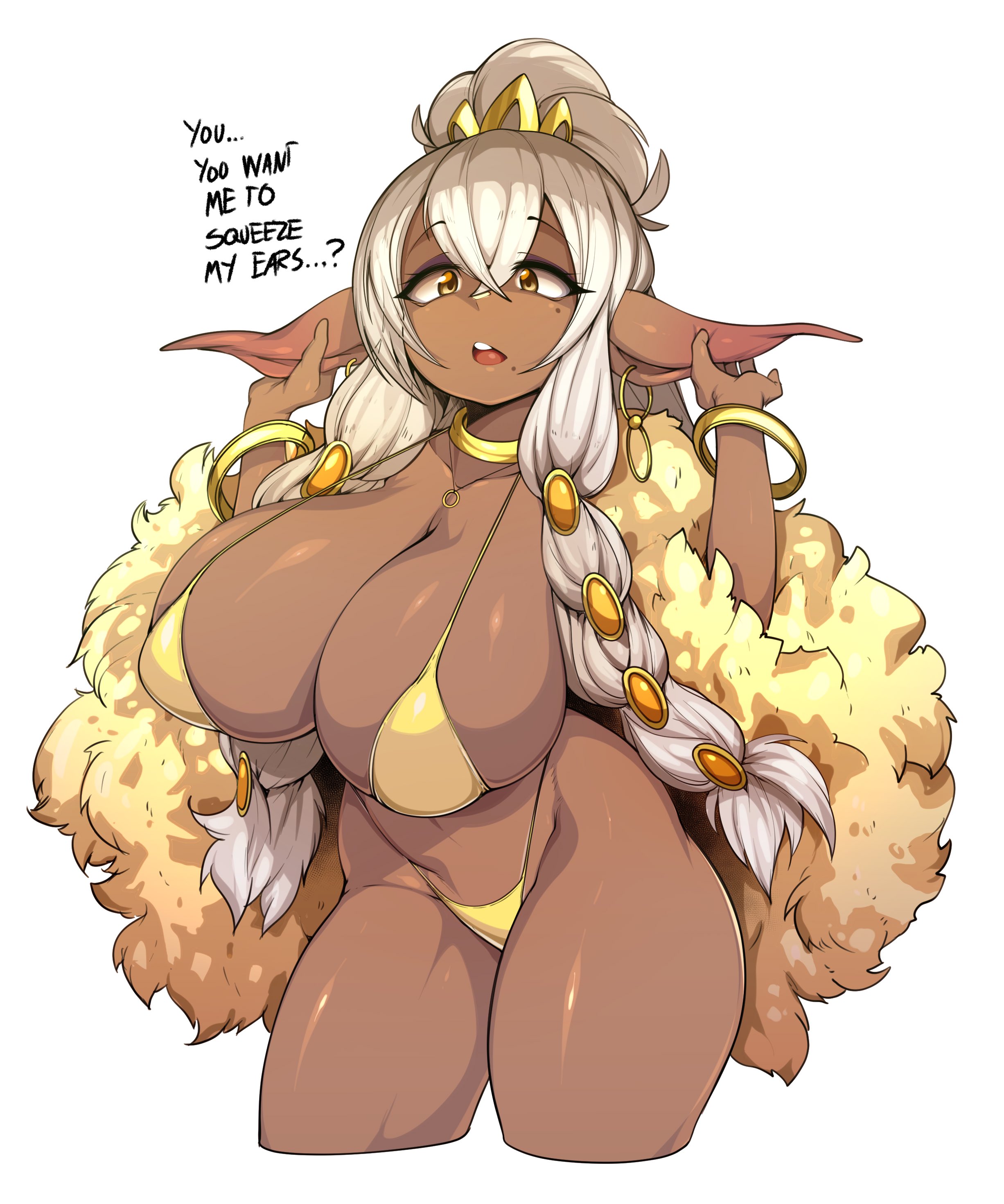 1girls, 2021, arms up, bikini, breasts, brown skin, cleavage, dark elf, dark skin, dark-skinned female, dialogue, elf, elf ears, elf female, english text, female, female focus, female only, gold bikini, gold eyes, golden bikini, hair ornament, hi res, hips, huge breasts, jewelry, long ears, long hair, massive breasts, micro bikini, original, original character, pointy ears, revealing clothes, sideboob, simple background, skimpy, slim waist, slugbox, tabi (kaiodx18), text, thick thighs, thighs, white background, white hair, wide hips