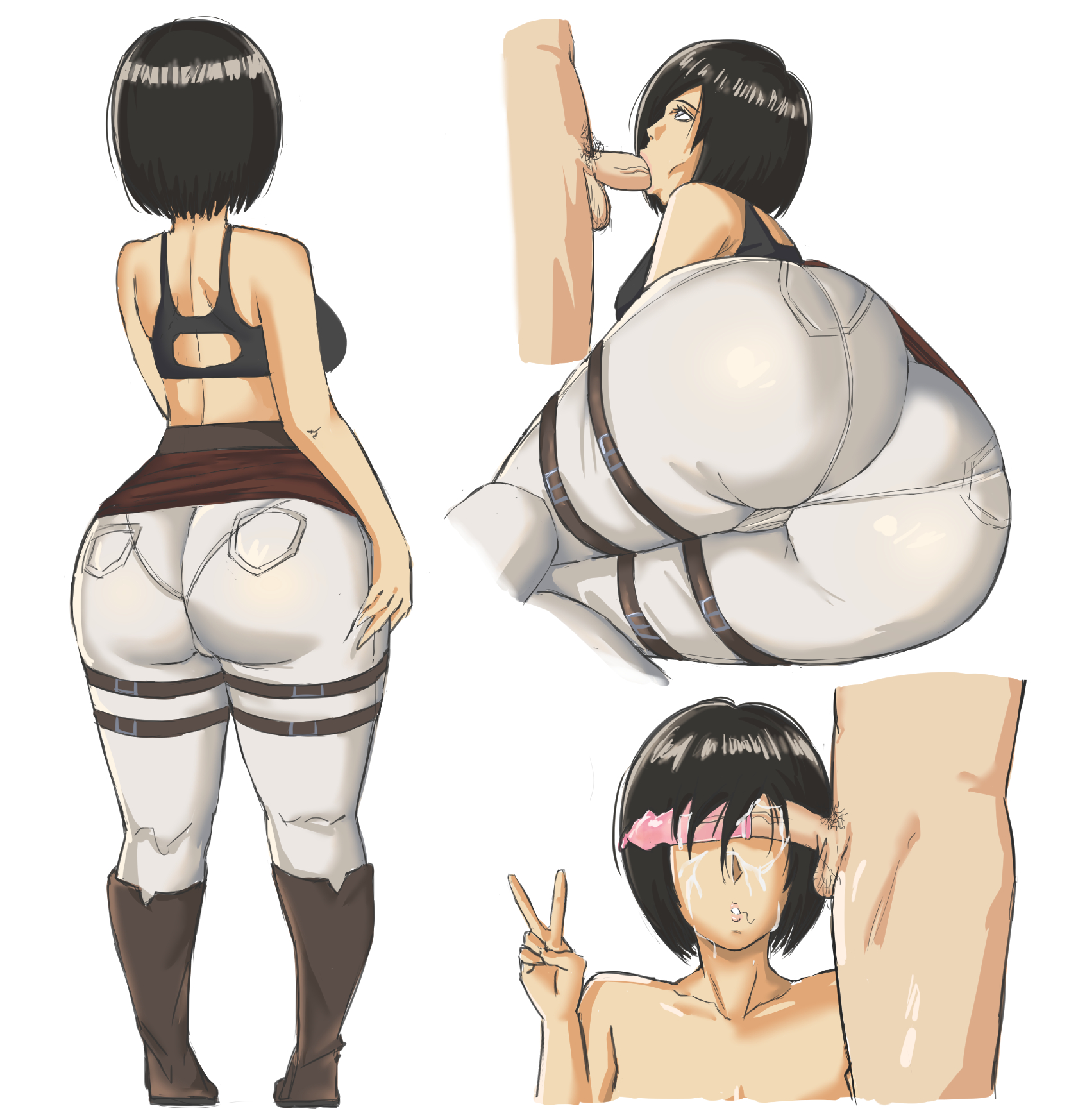 1boy, 1girls, ass, attack on titan, balls, big ass, big butt, black hair, blowjob, boots, breasts, cant see the haters, clothed female nude male, condom, condom on penis, cum, cum on face, fellatio, female, huge ass, large ass, light skin, light-skinned female, light-skinned male, male, meme, mikasa ackerman, narrow shoulders, oral, panarandom, peace sign, penis, penis awe, penis on face, shingeki no kyojin, short hair, testicles, thick ass, thick thighs, thighs, tight clothing, tight pants, wide hips