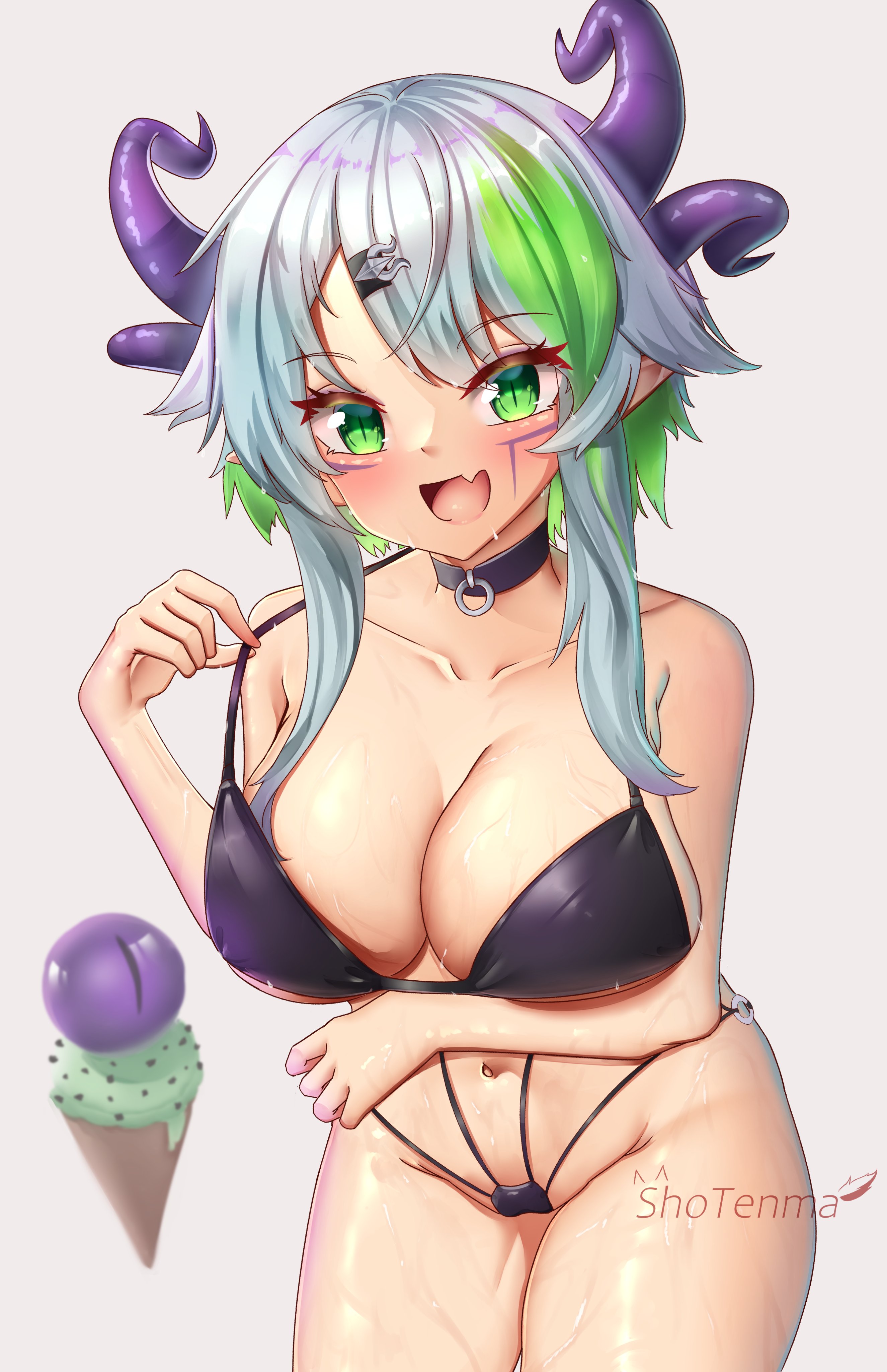 1girls, arm under breasts, bikini, blush, bob cut, bra, bra pull, breasts, choker, clavicle, eyeball, female, female only, froot, green eyes, green highlights, grey hair, hair clip, horn, ice cream, large breasts, leaning forward, lich, midriff, navel, pulling bra, pulling on bra, purple bra, purple choker, purple horns, short hair, shotenma, skin fang, smile, smiling, smiling at viewer, solo, string bikini, string panties, sweat, thick thighs, thighs, tight bikini, tight clothing, virtual youtuber, vshojo