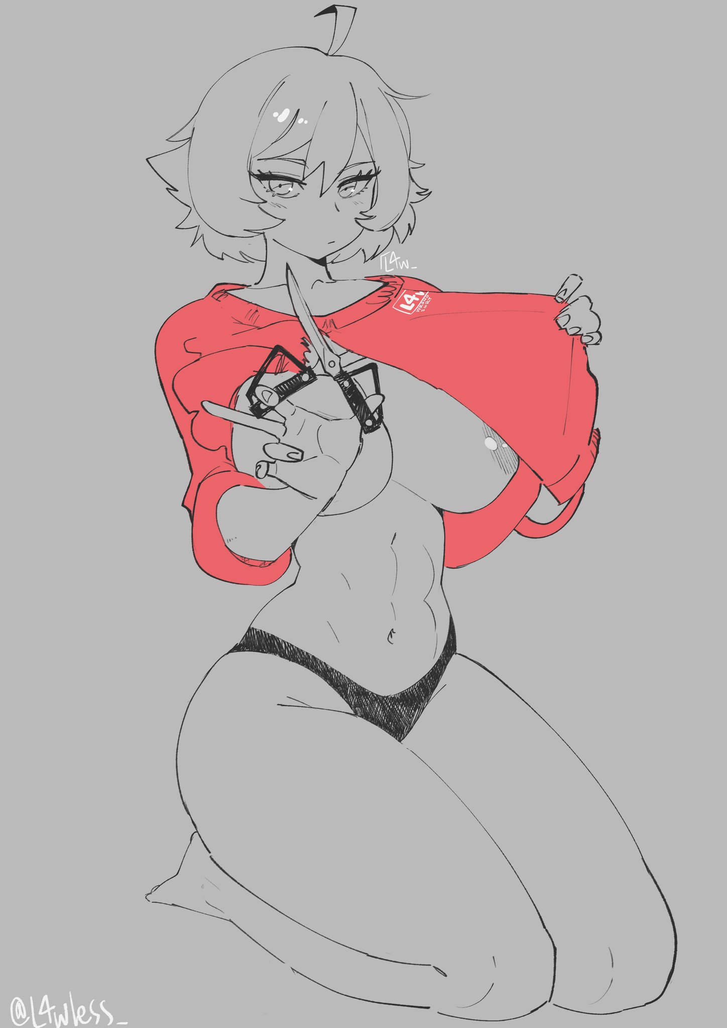 1girls, areolae slip, breasts, female, huge breasts, kneeling, l4wless, no bra, outline, presenting breasts, scissors, short hair, sketch, solo, spot color, tearing clothes, thong, torn clothes, undressing