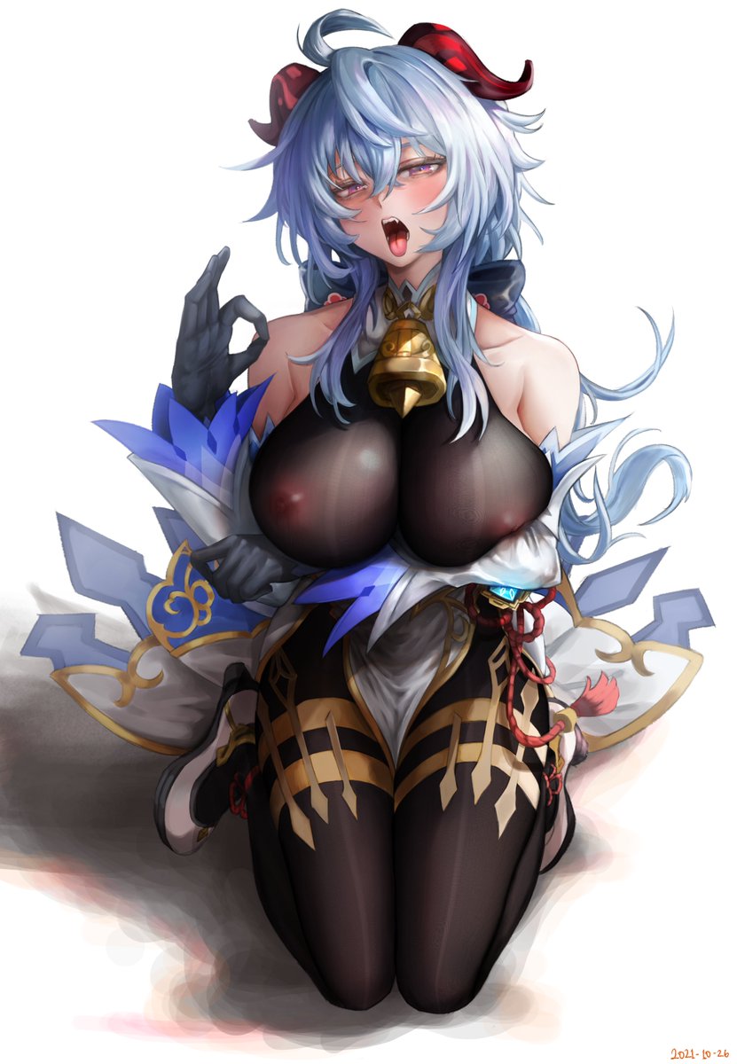 1girls adeptus big_breasts blue_hair breasts cowbell fangs ganyu_(genshin_impact) genshin_impact horns nipple_bulge nipples nomipang purple_eyes qilin tight_clothing tongue tongue_out