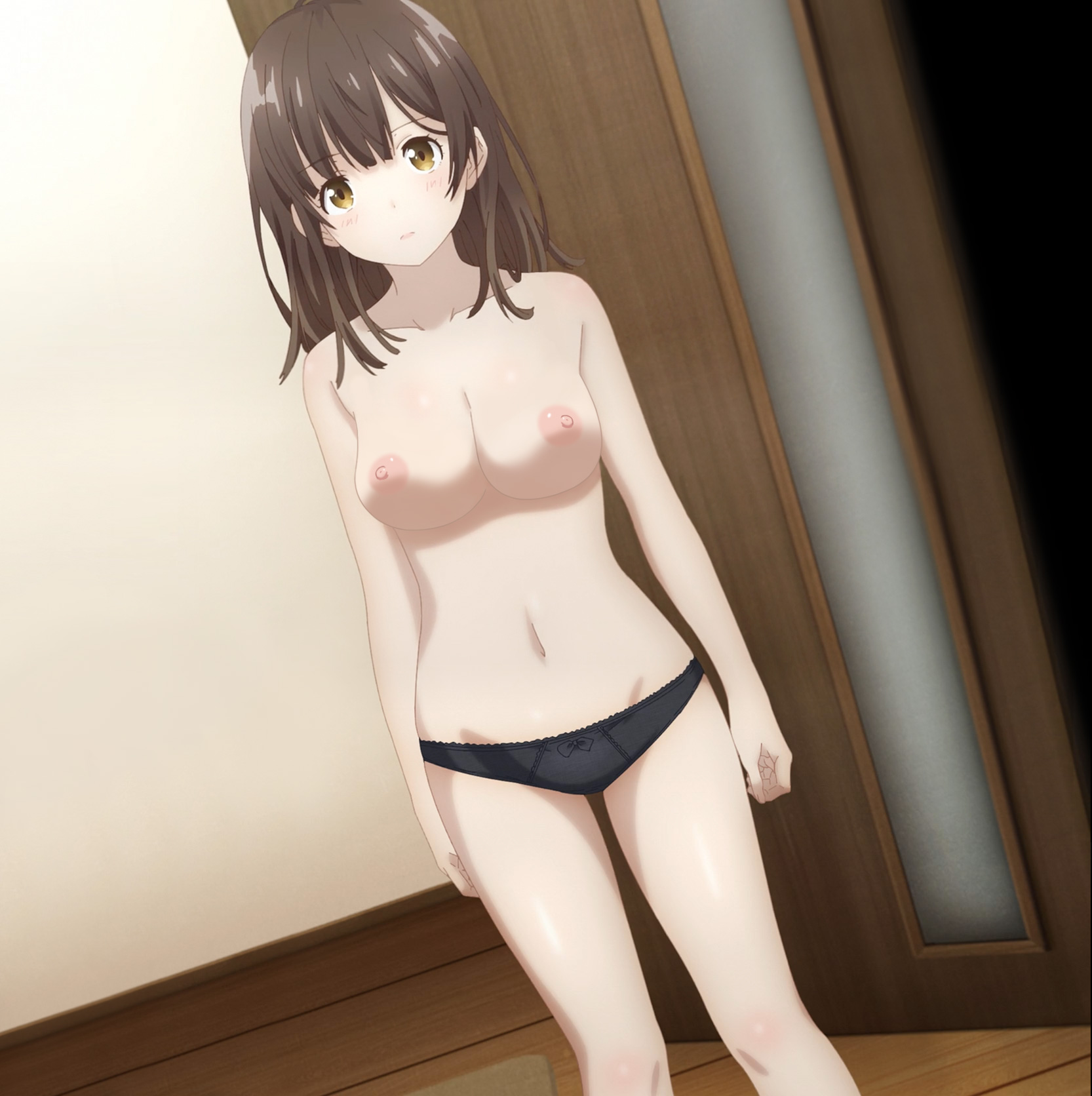 1:1 aspect ratio, 1girls, breasts, brown hair, female, female only, hige wo soru. soshite joshikousei wo hirou., high resolution, nipples, nude filter, ogiwara sayu, pantsu, screen capture, short hair, solo, stitched, third-party edit, topless, underwear, yellow eyes