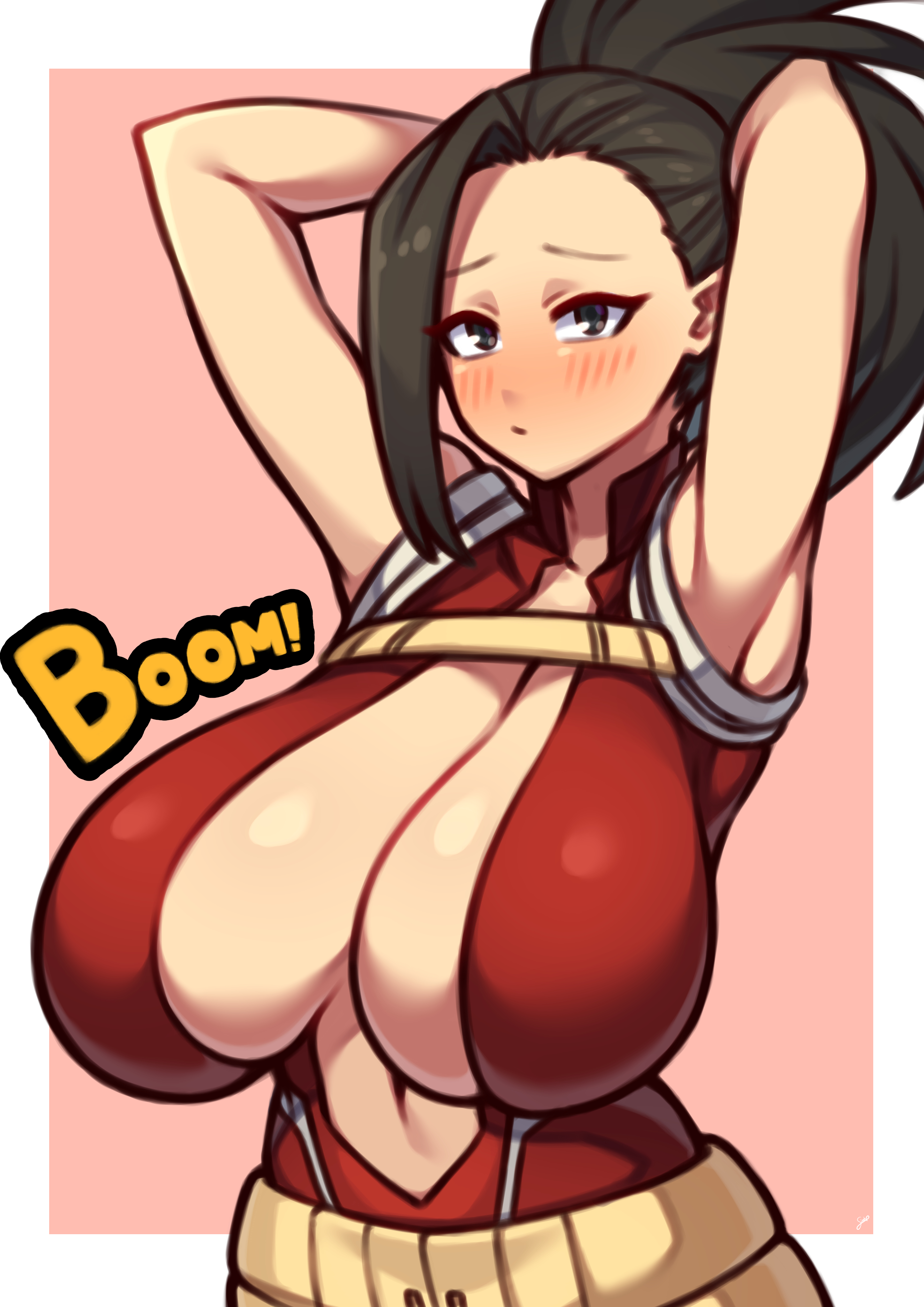 1girls, armpits, arms up, big breasts, black hair, blush, breasts, coffeelove68, eye contact, female, hero outfit (mha), huge breasts, human, human female, large breasts, leotard, light-skinned female, long hair, looking at viewer, momo yaoyorozu, momo yaoyorozu (hero outfit), my hero academia, ponytail, shounen jump, slim waist, solo, superheroine, thick