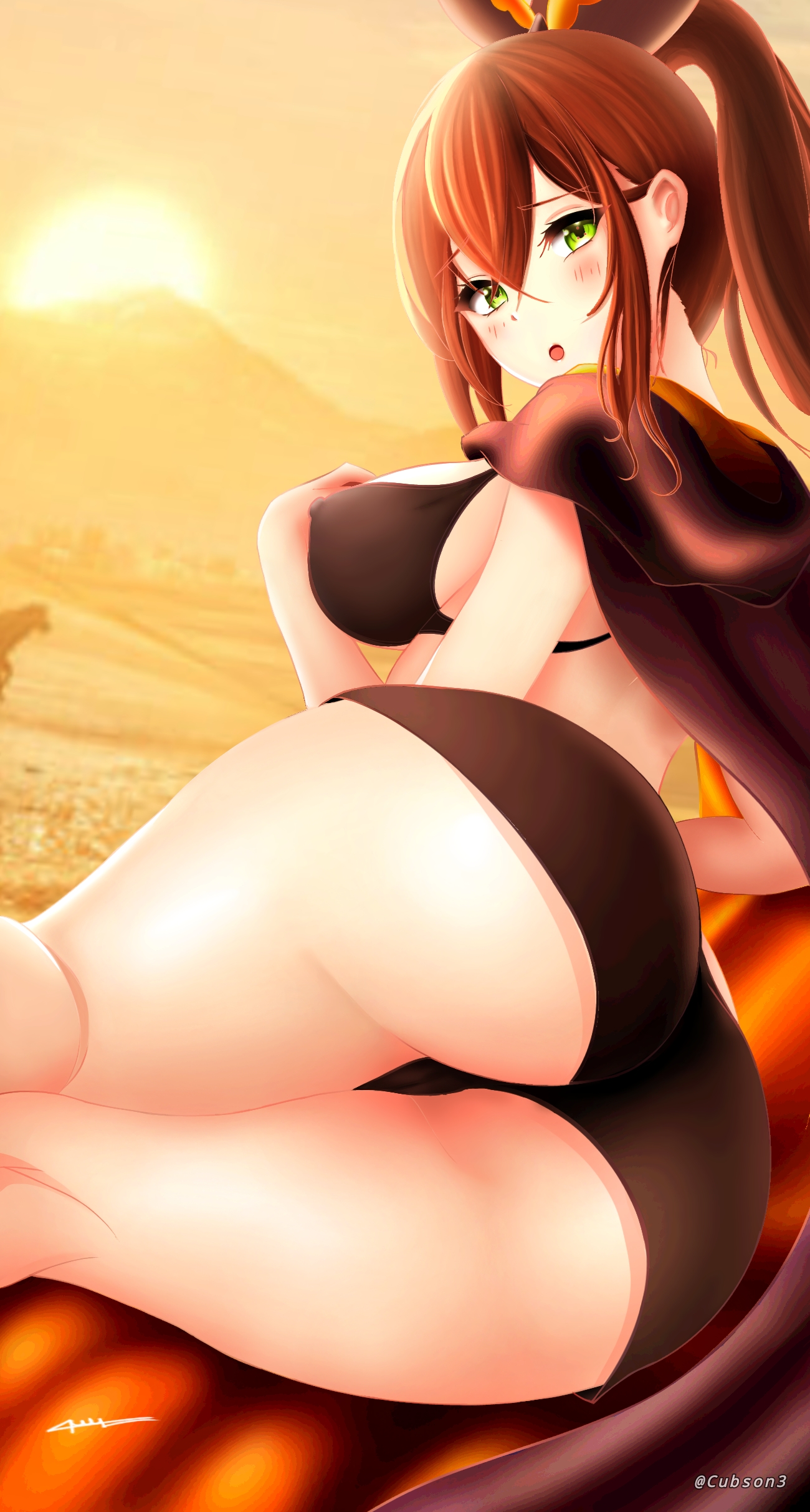 :o, 1girls, ass, ass focus, blush, bra, breasts, brown hair, cape, cubson, desert, embarrassed, feet out of frame, female, female only, green eyes, large breasts, light skin, light-skinned female, looking at viewer, looking back, nipples, nipples visible through clothing, on side, re:zero kara hajimeru isekai seikatsu, ribbon, sand, shaula (re:zero), solo, thick thighs, thighs, tied hair