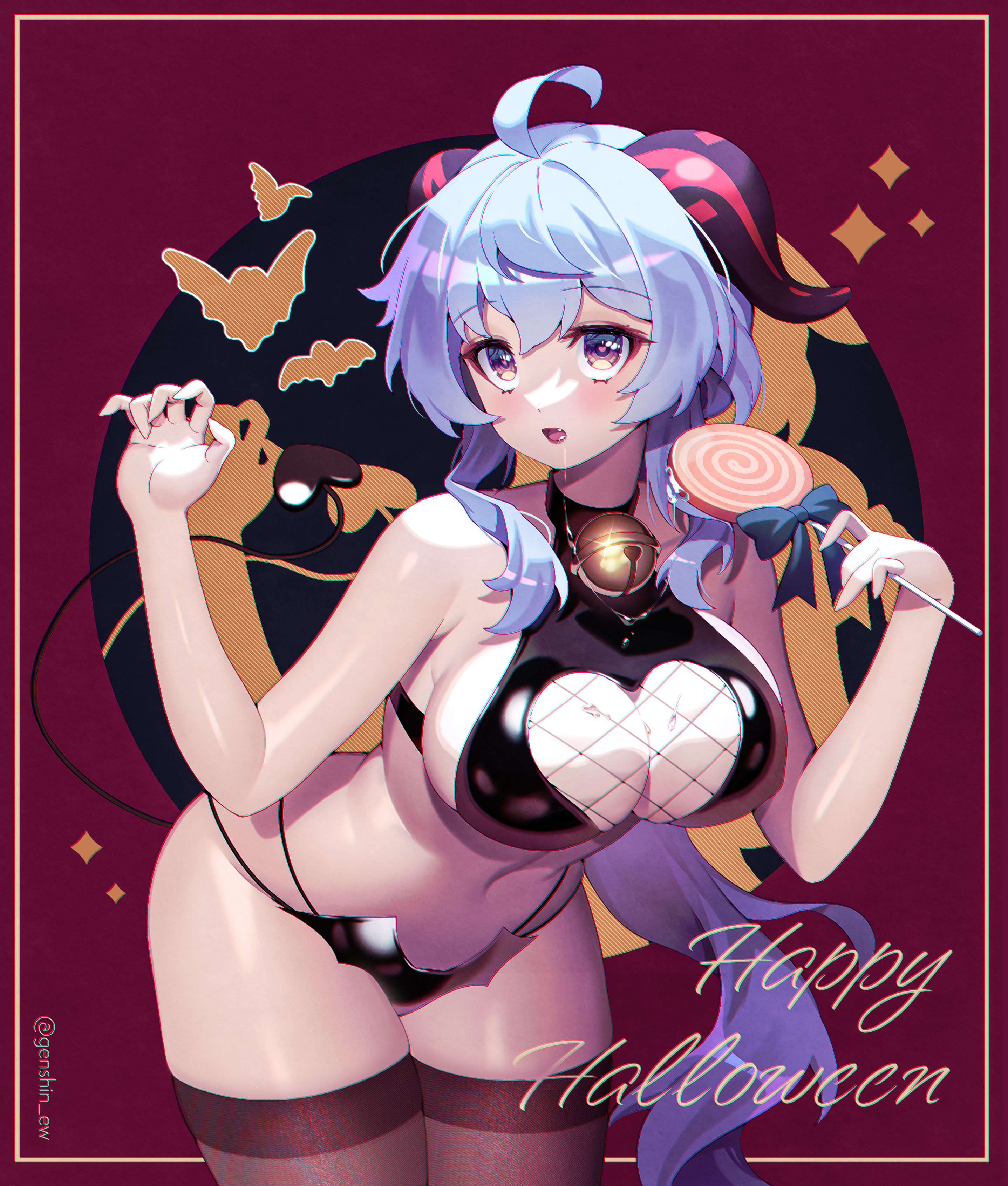 1girls, artist request, bent over, black legwear, breasts, cleavage, cowbell, demon, demon girl, female, ganyu (genshin impact), genshin impact, halloween, hi res, horn, large breasts, lollipop, micro bikini, side-tie panties, tail, thick thighs, thighhighs