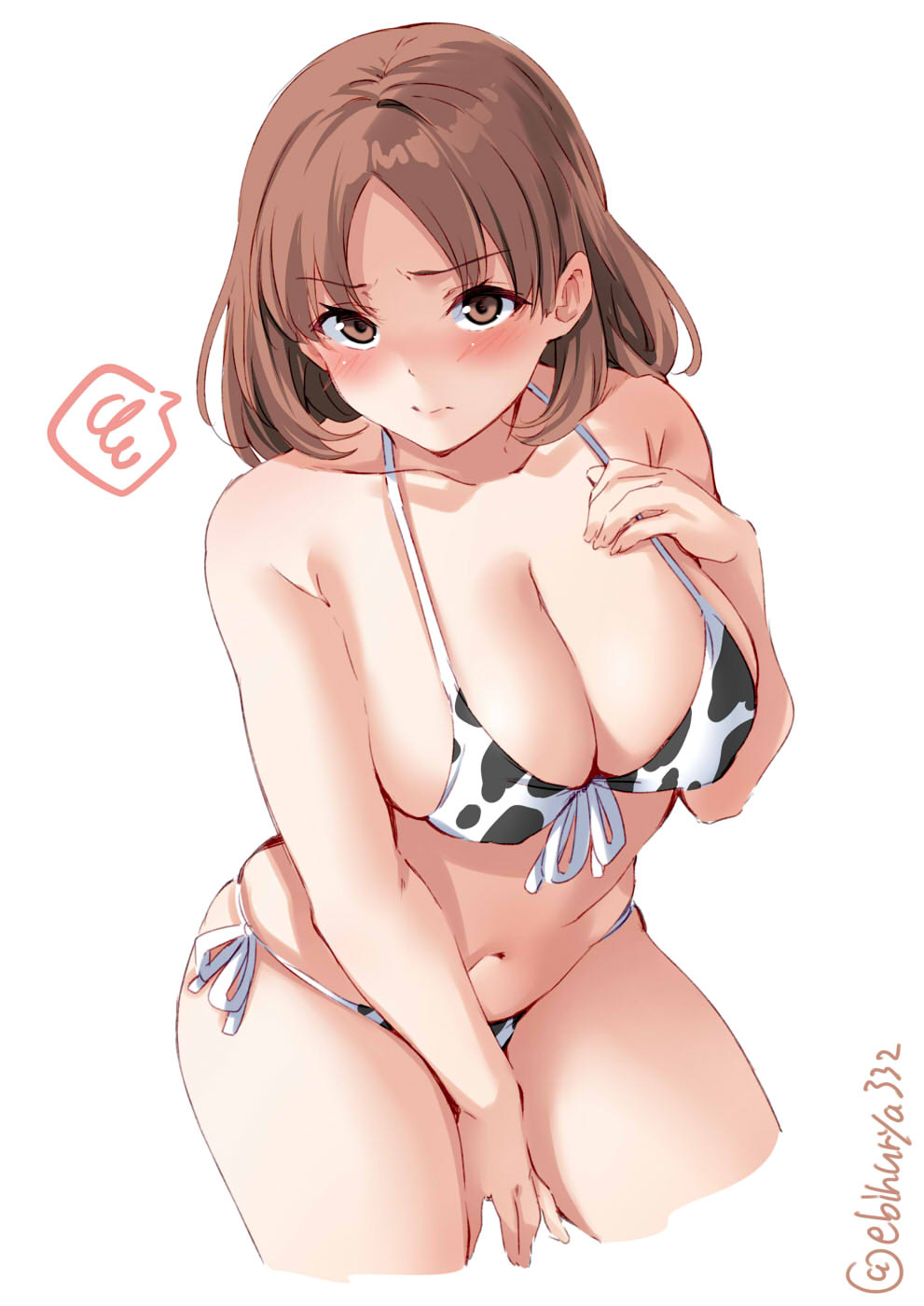 bangs, big breasts, bikini, blush, breasts, brown eyes, brown hair, chiyoda (kantai collection), cleavage, cow bikini, cow print, ebifurya, embarrassed, female, female only, frown, hand on chest, kantai collection, looking at viewer, medium hair, nipple bulge, side-tie bikini, solo