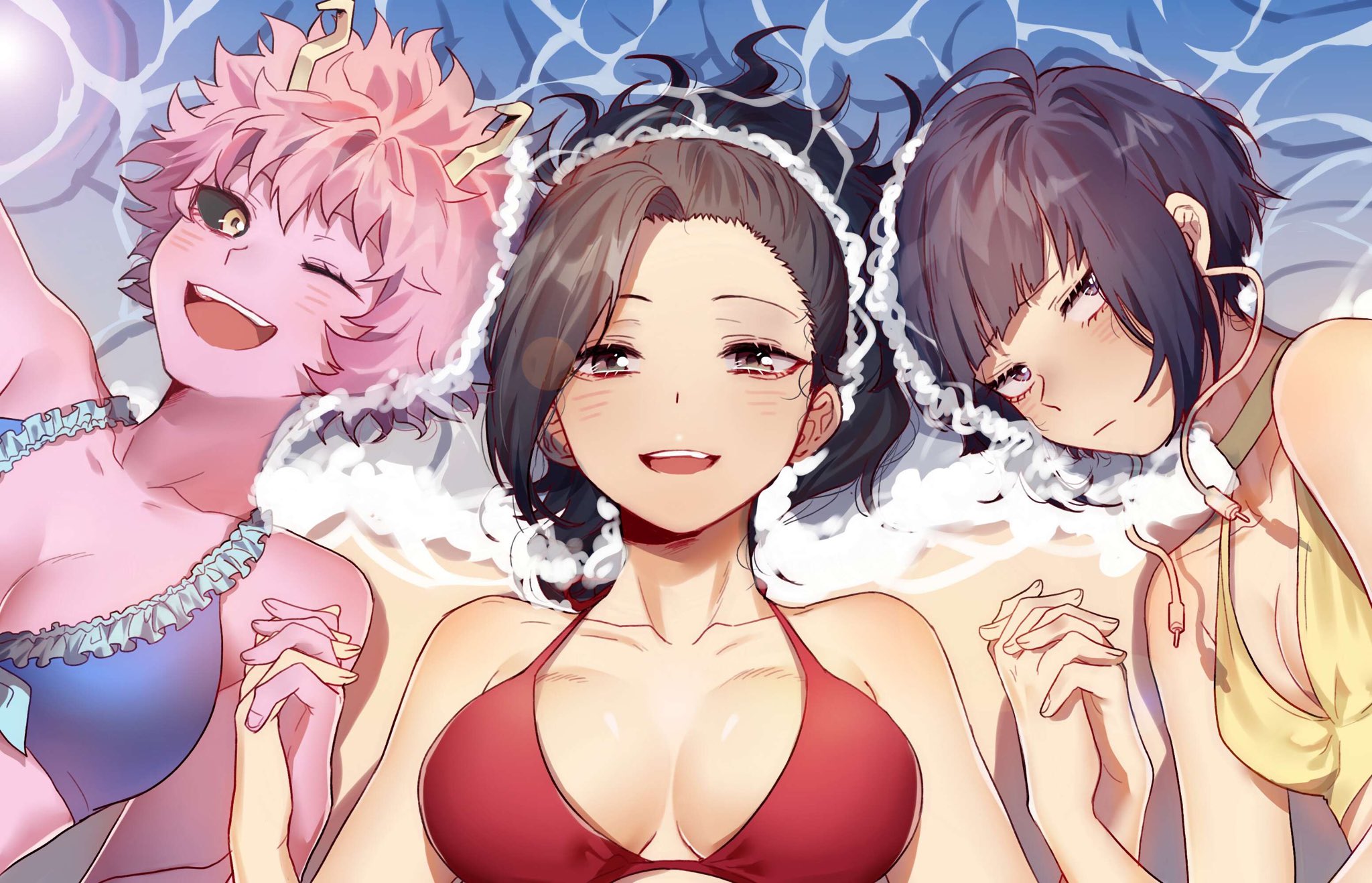 3girls, bare shoulders, beach, bikini, bikini top, black hair, black sclera, black-haired female, blue bikini, blush, colored sclera, colored skin, female, female only, frilled bikini, frills, grey eyes, hair pulled back, hi res, high resolution, highres, holding hands, horns, kyoka jiro, looking at viewer, lying, mina ashido, momo yaoyorozu, multiple females, multiple girls, my hero academia, ocean, on back, on side, one eye closed, open mouth, pink hair, pink skin, pink-haired female, purple eyes, purple hair, purple-haired female, red bikini, sand, short hair, smile, swimsuit, sy457413197, water, yellow bikini, yellow eyes