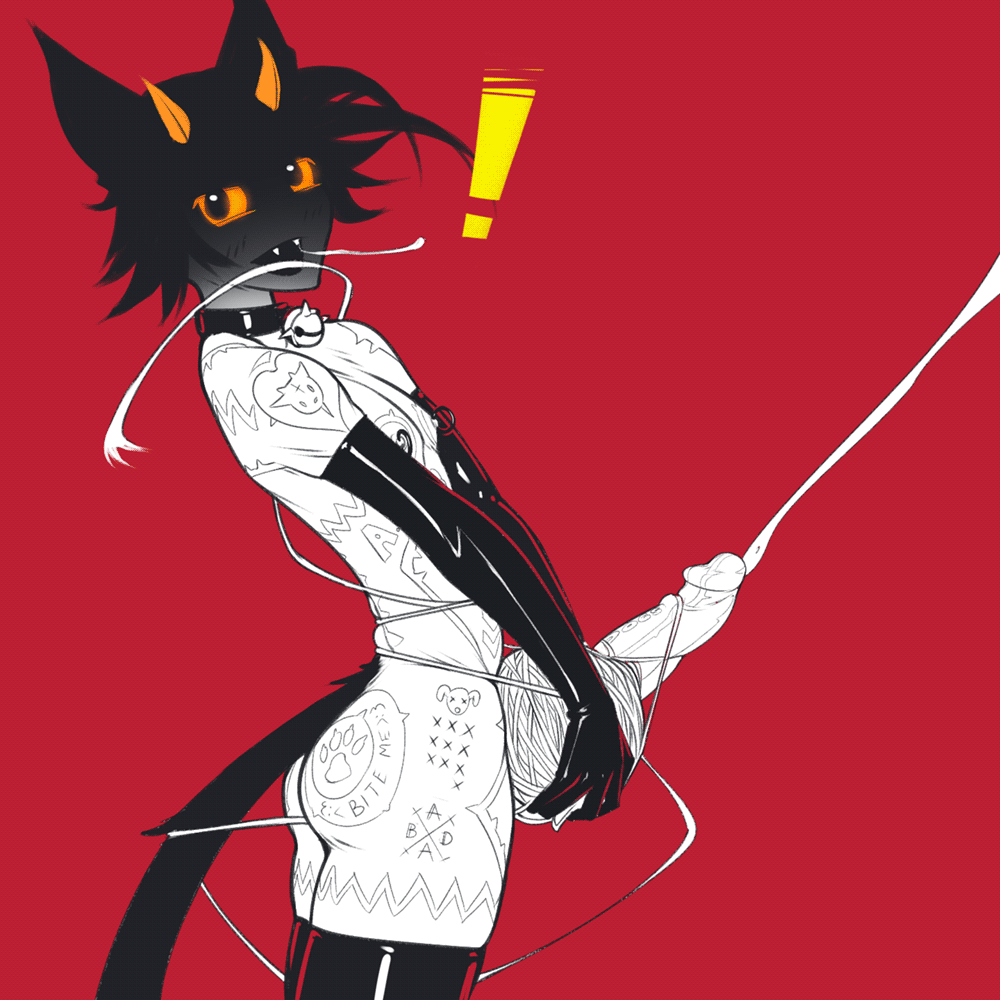 anthro ass bell_collar big_penis body_writing catboy cum ejaculation elbow_gloves glowing_eyes latex looking_at_viewer masturbation nude red_background tailbox yarn yarn_ball