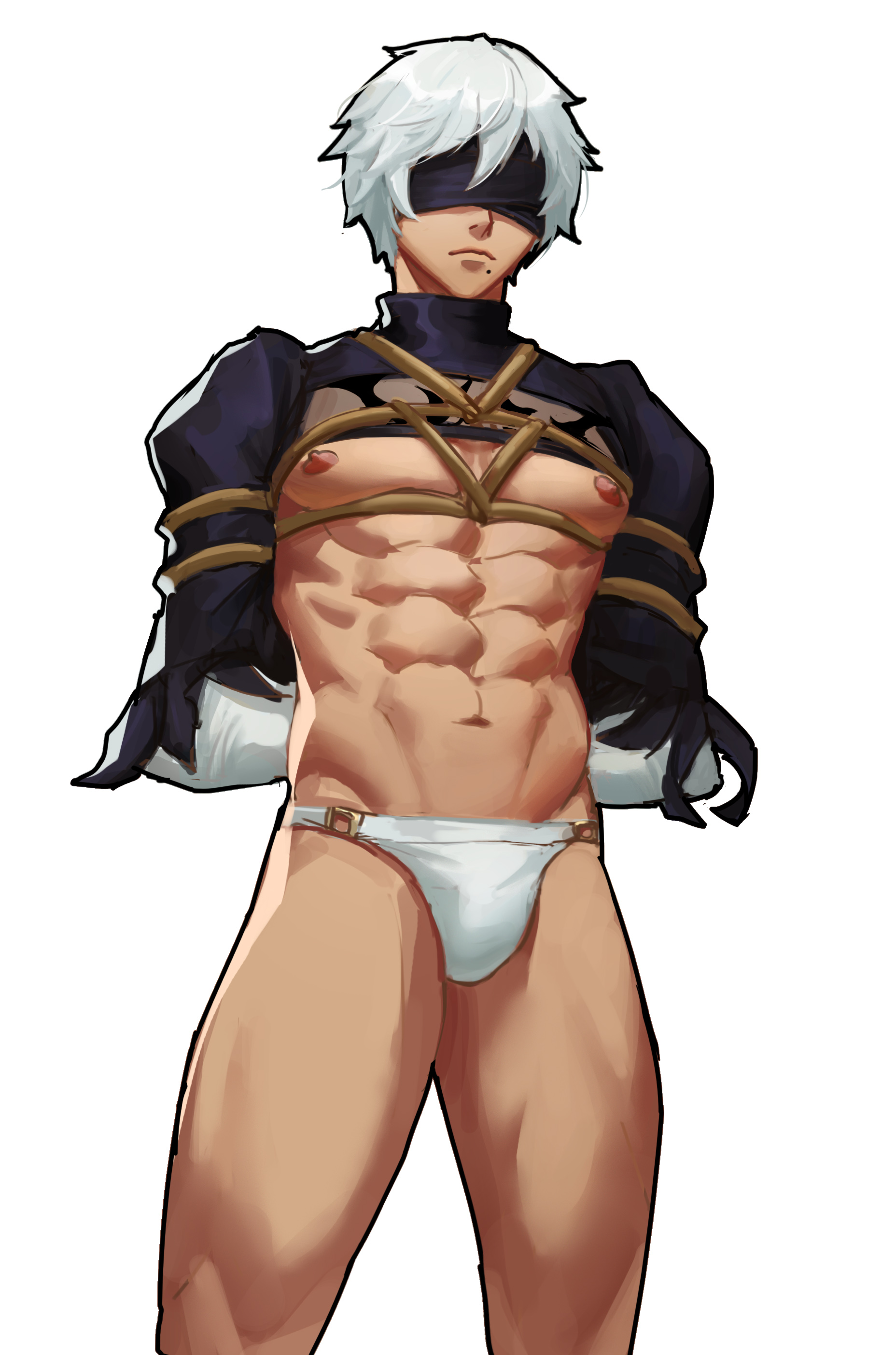 1boy, abs, blindfold, bulge, genderswap, genderswap (ftm), male, male 2b, male only, mosilll, muscular, muscular male, nier: automata, rule 63, solo, solo male, white background, white hair, yorha 2b