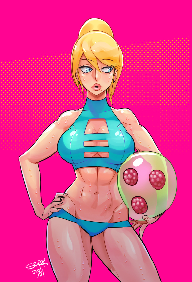 abs, bimbo, blonde hair, blue eyes, breasts, busty, cleavage, curvy, female, female focus, female only, hand on hip, kewminus, large breasts, metroid, nintendo, samus aran, solo, solo female, sweat, sweaty, sweaty body, sweaty thighs, swimwear, thick thighs, thighs, voluptuous