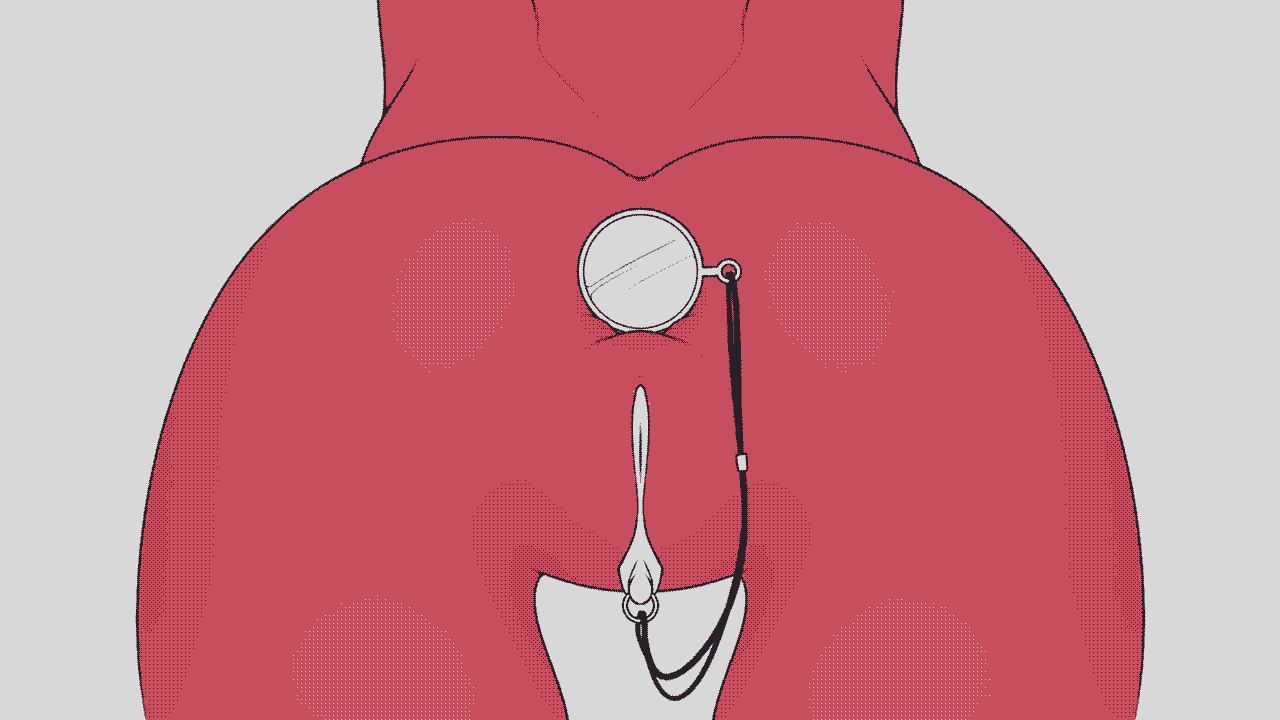 1girls, ass, clitoris, clitoris piercing, close-up, female, from behind, monocle, piercing, pussy, red skin, tailbox, thigh gap