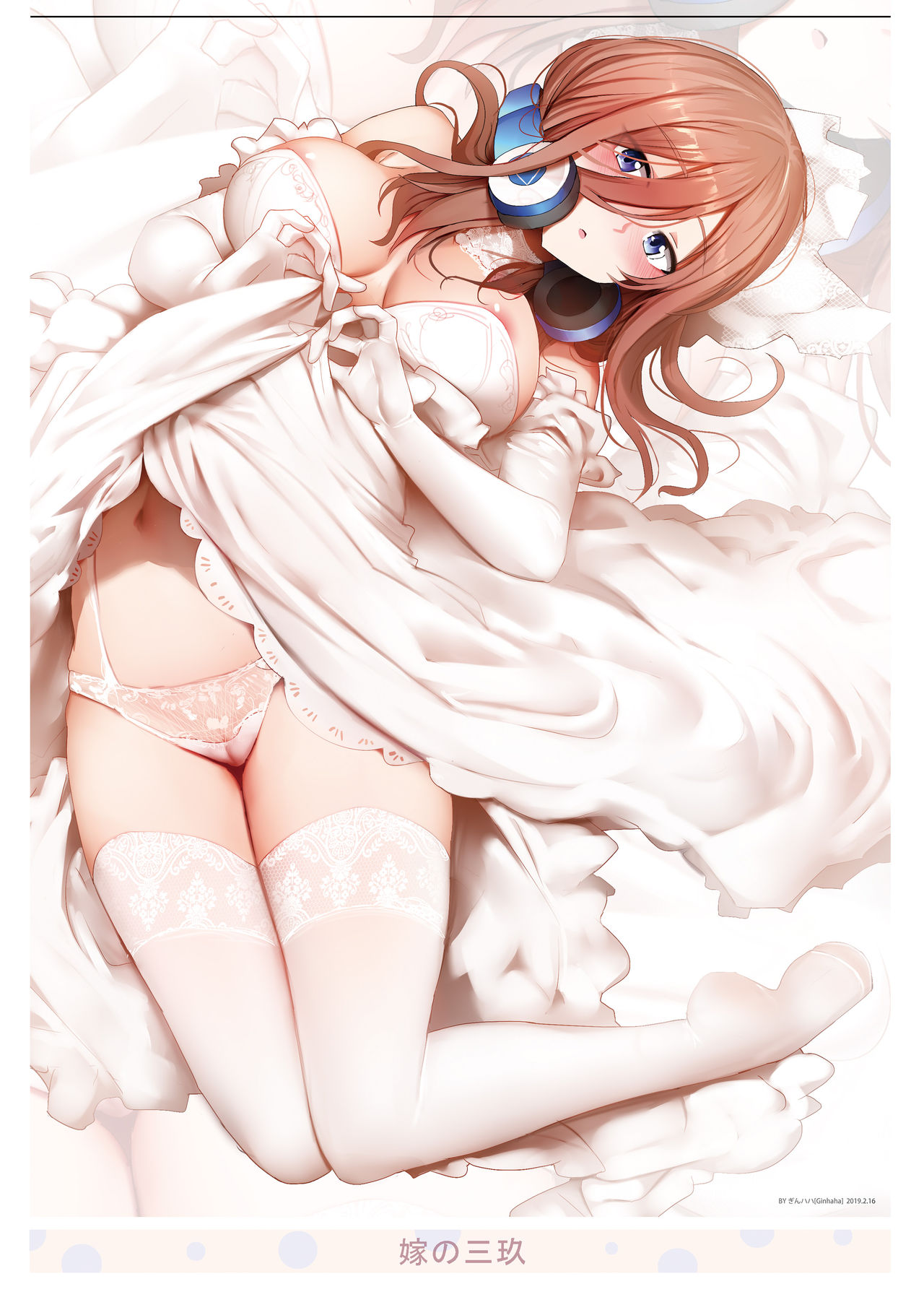 blue eyes, breasts, brown hair, female, garter belt, ginhaha, go-toubun no hanayome, headphones, headphones around neck, huge breasts, leggings, legwear, lifting clothing, lifting dress, long hair, long sleeves, looking at viewer, nakano miku, nipples, nipples visible through clothing, no bra, panties, sleeves past elbows, stockings, wedding dress, white leggings, white legwear, white panties, white sleeves, white stockings