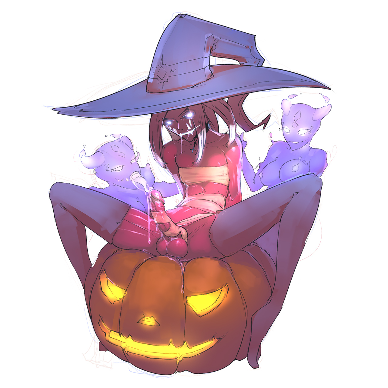 1boy, 2girls, arms behind back, balls, demon, female, glowing eyes, halloween, male, nude, oral, penile, penis, pumpkin, sex, sitting, tailbox, wet, white background, witch, witch hat