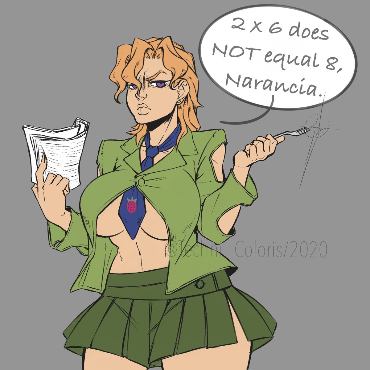 1girls angry breasts female fork human jojo's_bizarre_adventure large_breasts large_thighs math pannacotta_fugo rosebunmilk rule_63 shounen_jump skirt vento_aureo