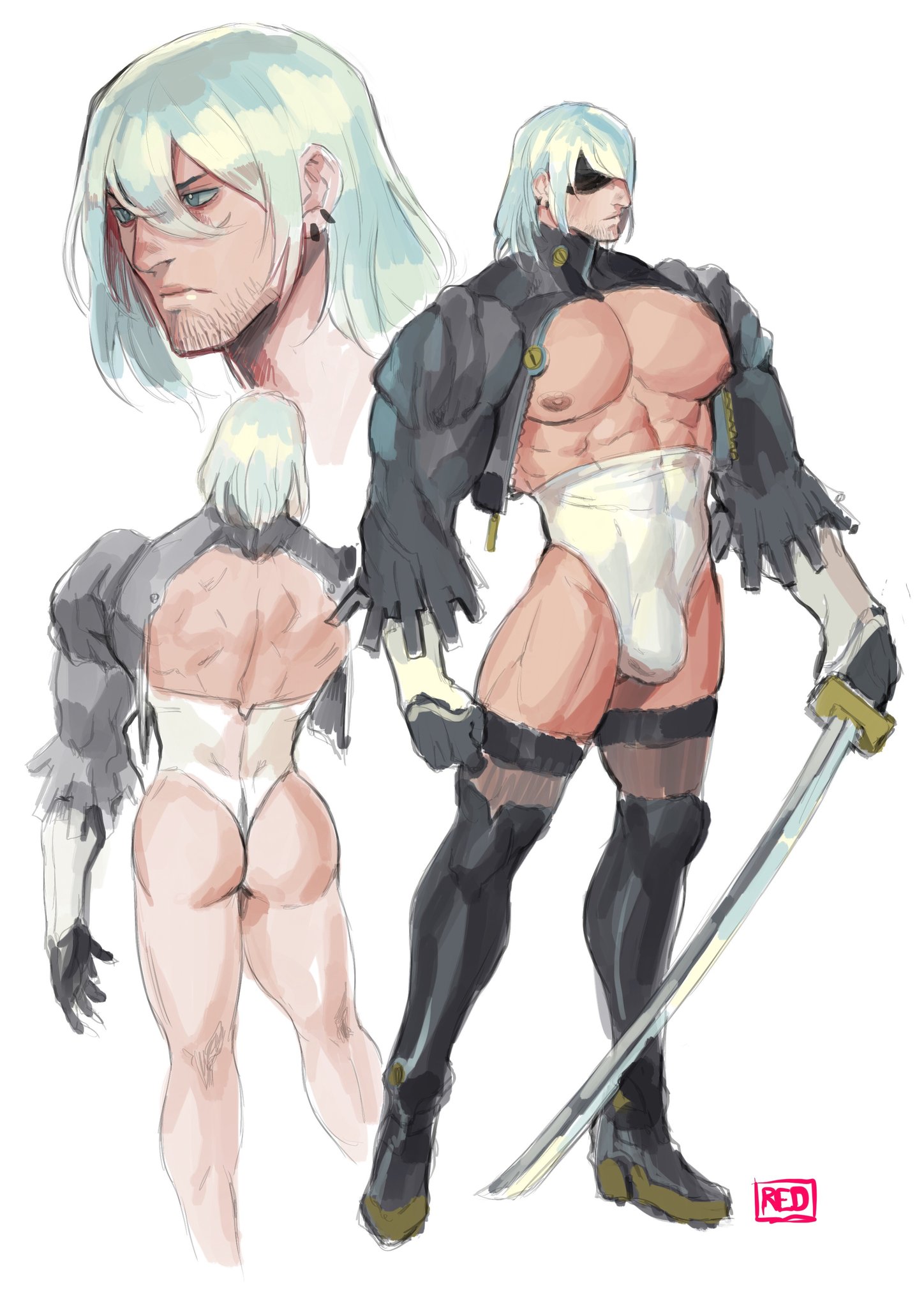 1boy, abs, ass, blindfold, bulge, genderswap, genderswap (ftm), leotard, male, male 2b, male only, muscular, muscular male, nier: automata, redgart, rule 63, solo, solo male, thighhighs, white background, white hair, yorha 2b
