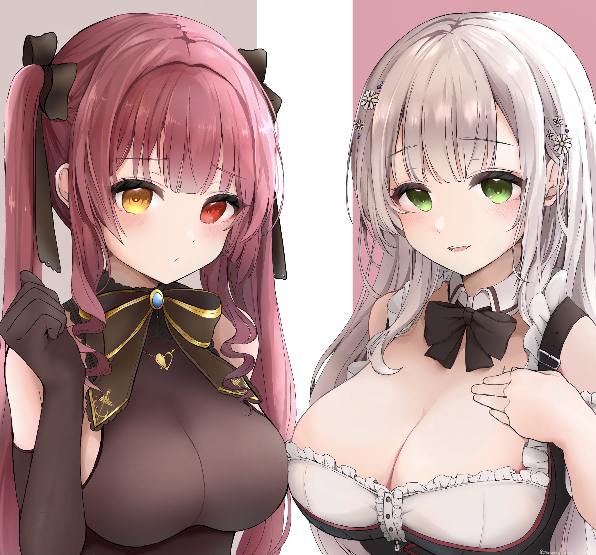 2girls, amamiya yuyu, big breasts, breasts, cleavage, female, green eyes, heterochromia, hololive, hololive fantasy, hololive japan, houshou marine, multiple females, multiple girls, red eyes, red hair, shirogane noel, tight clothing, twintails, virtual youtuber, white hair, yellow eyes