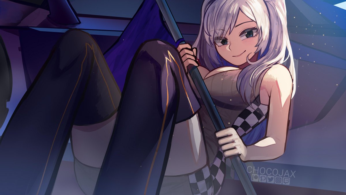 1girls alternate_costume blue_eyes breasts car checkered chocojax cleavage fire_emblem fire_emblem_awakening flag grey_hair large_breasts looking_at_viewer medium_hair nintendo race_queen robin_(fire_emblem) robin_(fire_emblem)_(female) smile solo twintails