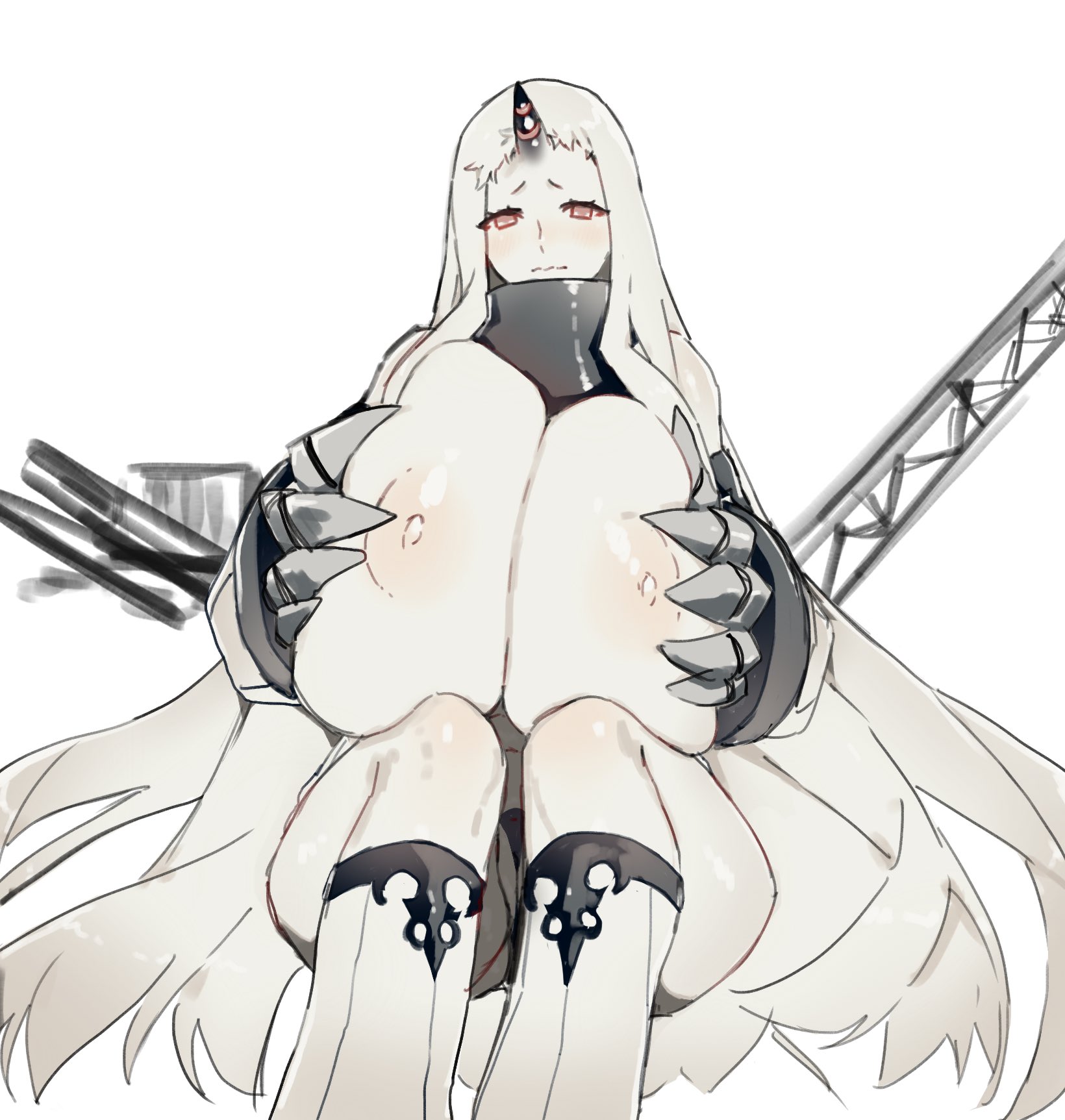1girls, breast squeeze, breasts, breasts out, collar, female, gauntlets, huge breasts, long hair, looking at viewer, mokotoko9, pale skin, red eyes, seaport hime, shinkaisei-kan, sitting, sketch, solo, white hair