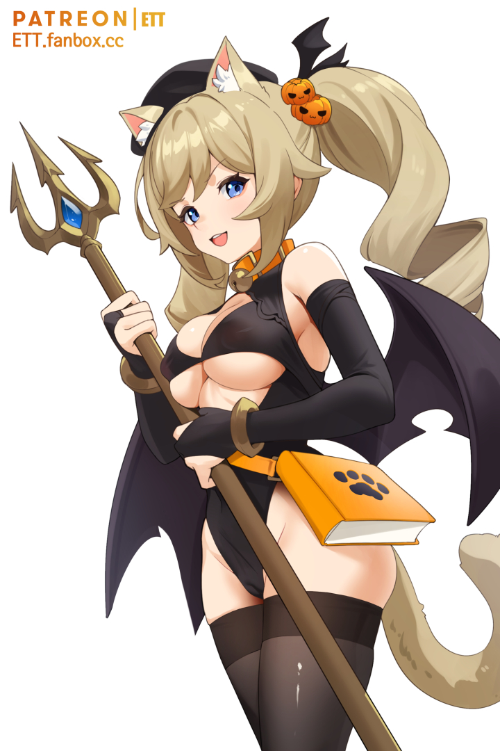 1girls, barbara (genshin impact), blonde hair, blue eyes, breasts, cat ears, cat tail, demon, demon girl, demon wings, ett, female, genshin impact, halloween, halloween costume, medium breasts, nun, spear, succubus, thighhighs, twintails, underboob