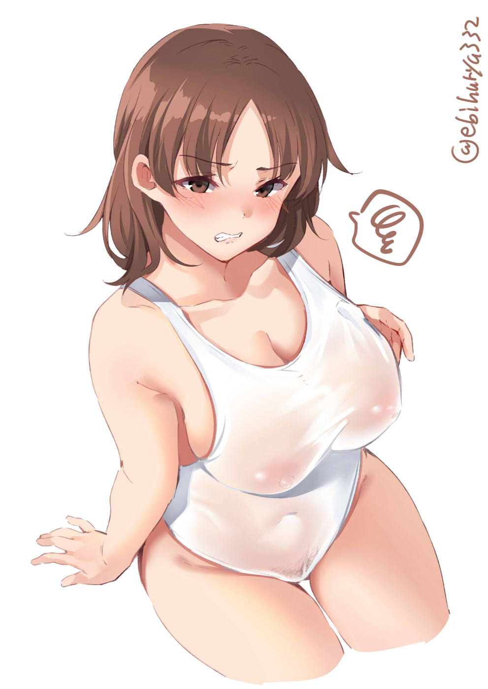 1girls, angry, bangs, big breasts, blush, breasts, brown eyes, brown hair, chiyoda (kantai collection), clenched teeth, ebifurya, embarrassed, female, kantai collection, looking at viewer, navel, nipples visible through clothing, one-piece swimsuit, pubic hair, see-through clothing, short hair, sitting, solo, swimsuit, white swimsuit