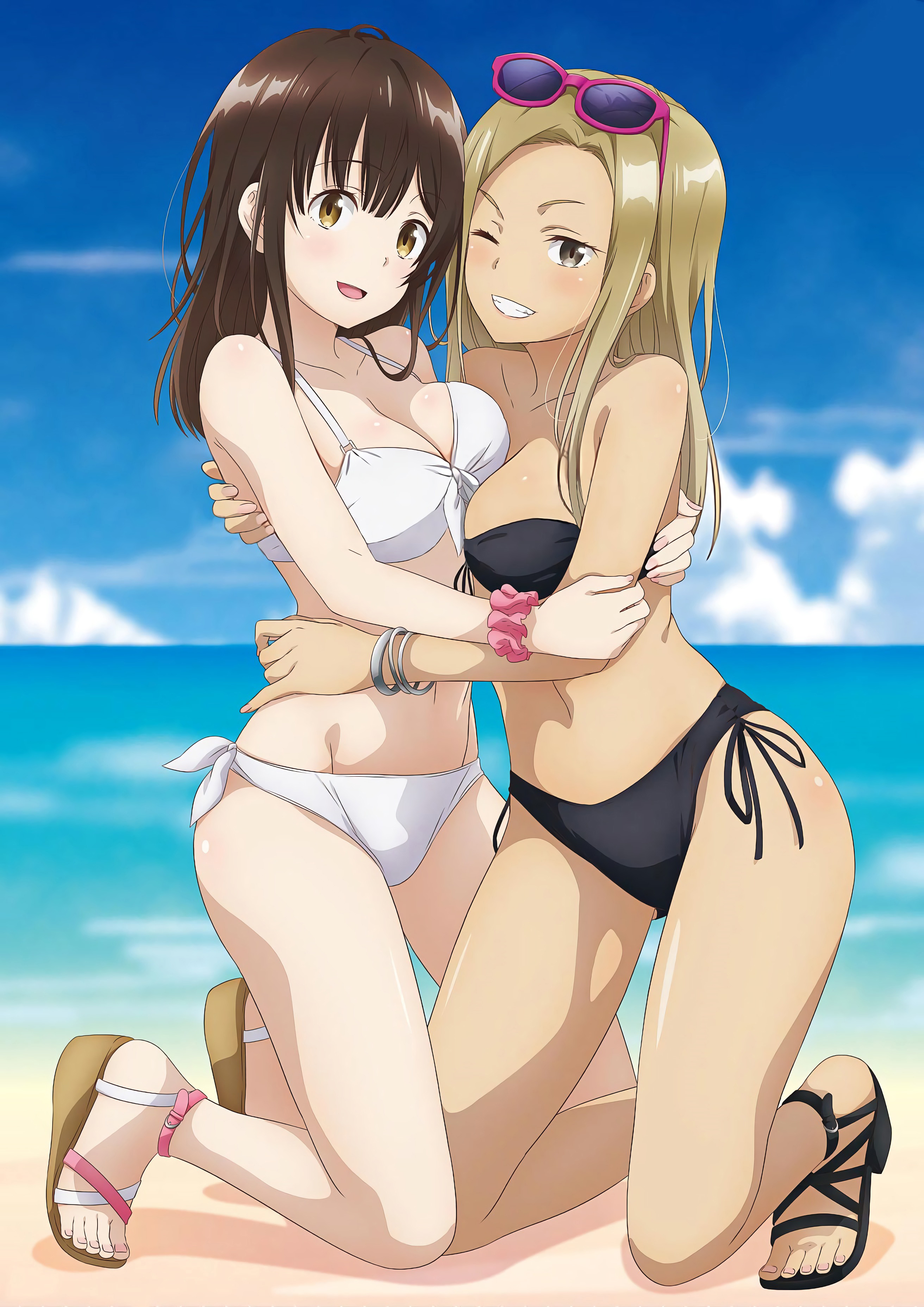 2girls, bikini, black bikini, black swimsuit, blonde hair, breasts, brown hair, female, female only, hige wo soru. soshite joshikousei wo hirou., high resolution, medium hair, multiple females, multiple girls, nude filter request, official art, ogiwara sayu, swimsuit, thighs, very high resolution, white bikini, white swimsuit, yuuki asami