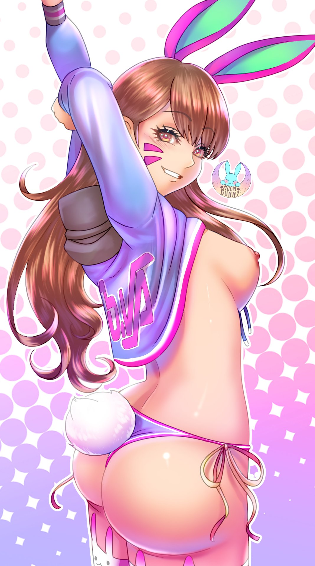 ass, breasts, brown hair, bunny tail, cute, d.va, female, moonbunny, nipples, overwatch, solo female