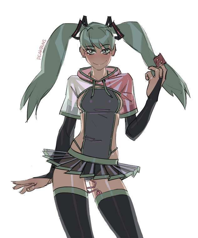 1girl, aqua hair, black thighhighs, blush, breasts, bridal gauntlets, condom, condom wrapper, female, green eyes, green hair, hatsune miku, hood, long hair, looking at viewer, miniskirt, panties, peakbuns, pose, see-through, see-through clothing, see-through skirt, sex toy, sideboob, skirt, smile, solo, standing, swimsuit under clothes, teasing, thighhighs, twintails, underwear, unopened condom wrapper, vibrator, vibrator cord, vibrator under clothes, vibrator under panties, vocaloid, white background