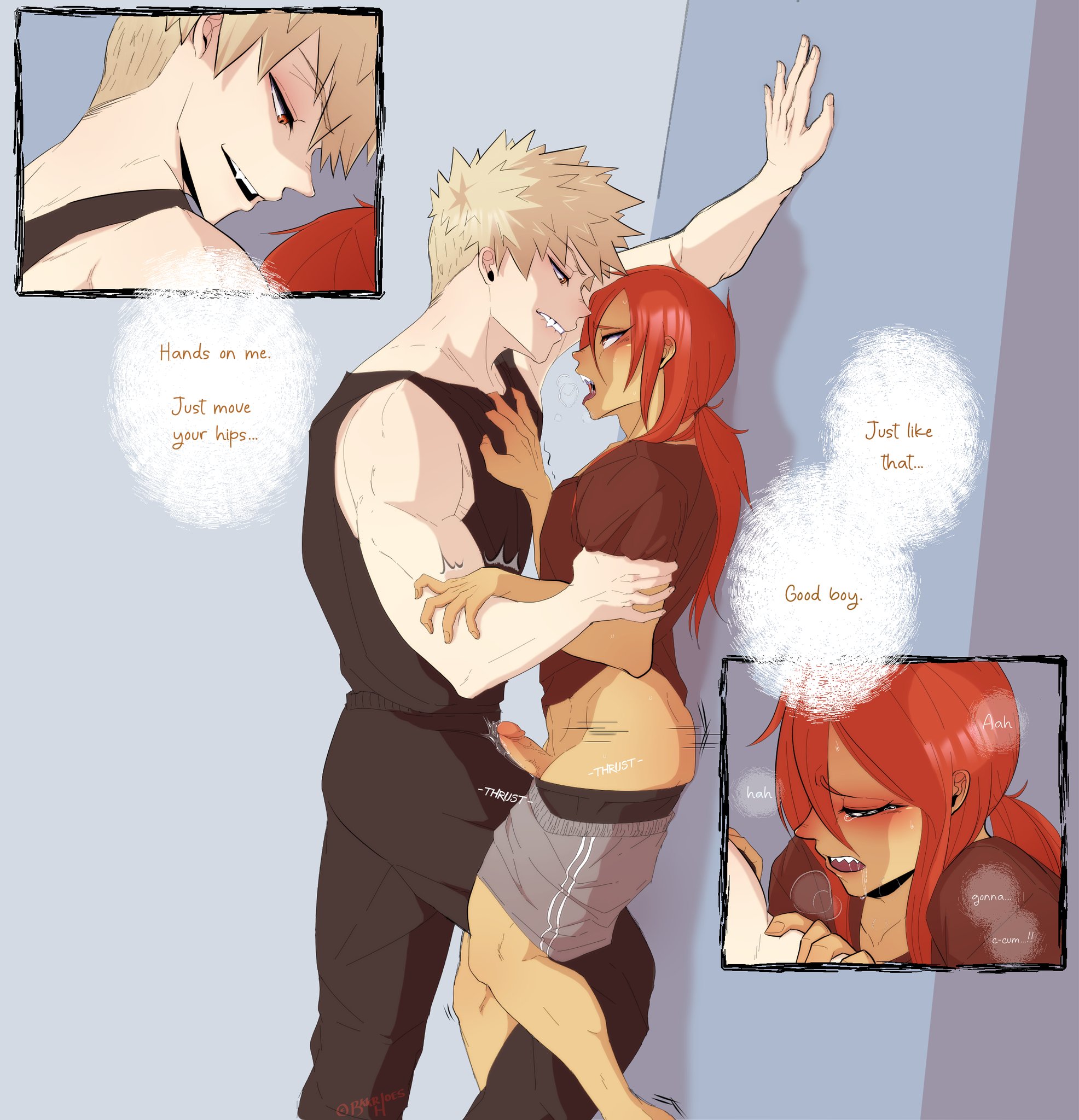 2boys, against wall, alternate hairstyle, bkkrhoes, blonde hair, chest grab, clothing, dialogue, eijirou kirishima, english text, gay, good boy, grinding, katsuki bakugou, looking at partner, male, male only, male/male, my hero academia, pants, pants pull, penis, praise, praise kink, red hair, seducing, sleeveless shirt, speech bubble, spiky hair, standing, teaching, text, thigh riding, yaoi