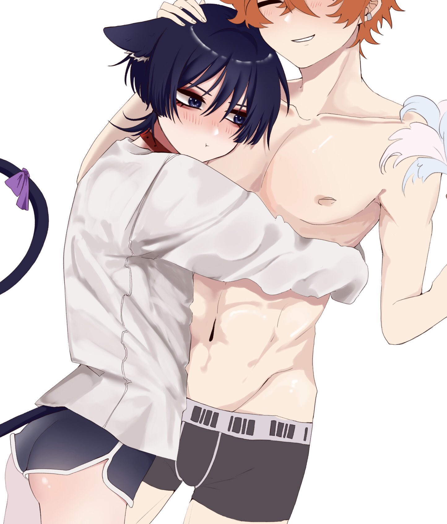 2boys, abs, animal ears, ass, blue eyes, blue hair, blushing butt, cat boy, cat ears, cat tail, catboy, childe (genshin impact), choker, collar, femboy, gay, genshin impact, ginger, jisoku39km, light skin, light-skinned male, male, male only, muscular, muscular male, orange hair, pale skin, pale-skinned femboy, pale-skinned male, plain background, scaramouche (genshin impact), simple background, tail, tartaglia (genshin impact), thighs, white background