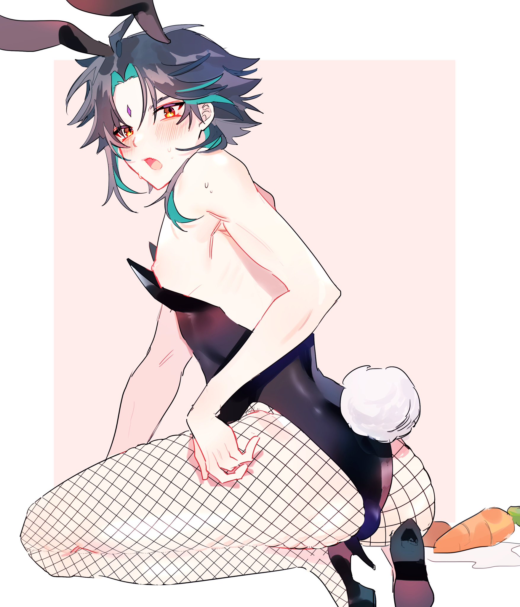 androgynous, black hair, blush, bunny boy, bunny ears, bunny tail, bunnysuit, crossdressing, femboy, femboy focus, fishnets, genshin impact, green hair, leotard, male, male only, mo cha0103, nipples, tattoo, thick thighs, thighs, trap, xiao (genshin impact), yellow eyes