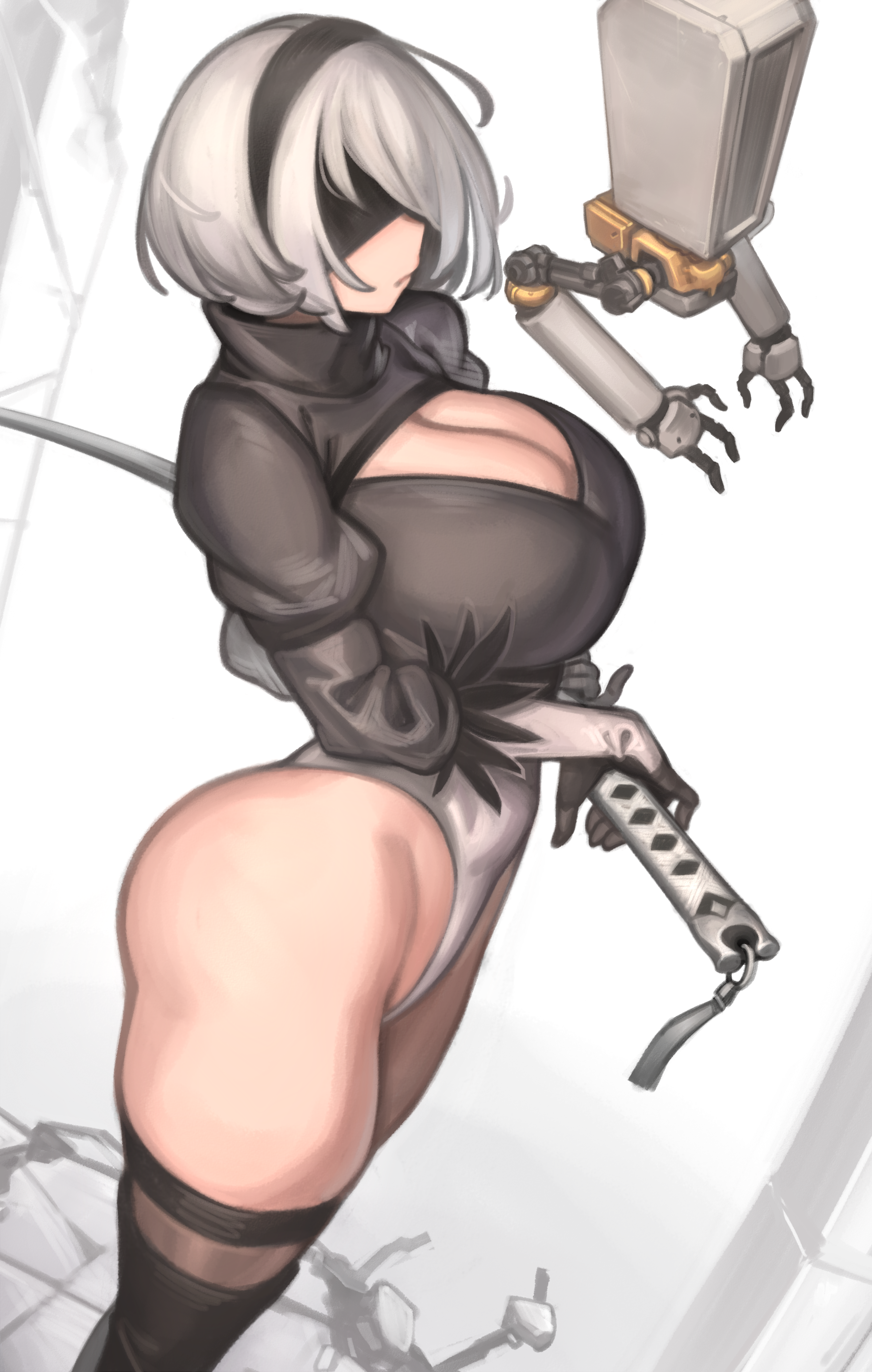 1girls, alternate breast size, android, big breasts, blindfold, breasts, cleavage, female, female only, grey hair, katana, kelvin hiu, large breasts, nier, nier (series), nier: automata, short hair, solo, standing, sword, thick thighs, thighhighs, thighs, yorha 2b