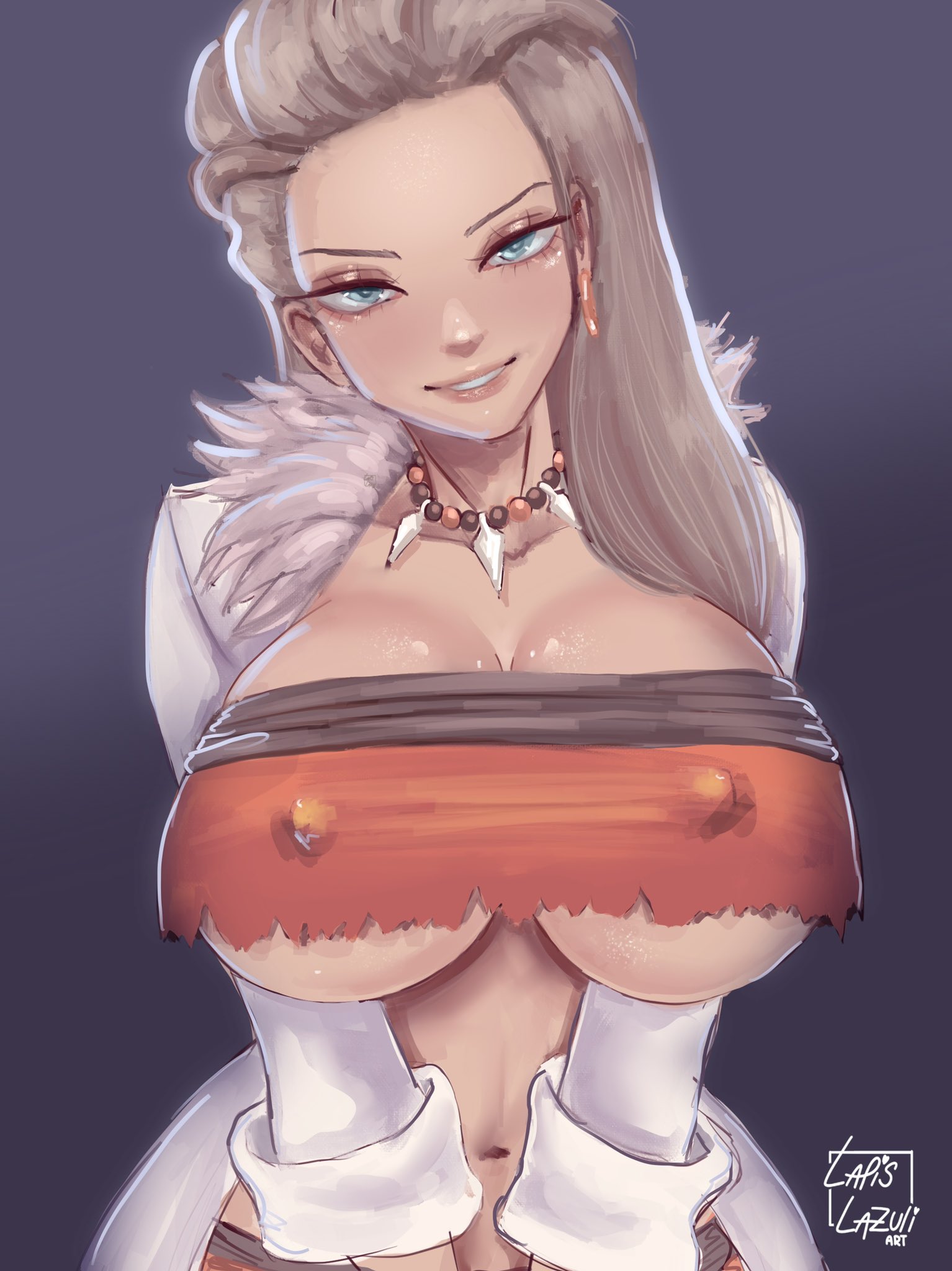 1girls, big breasts, breasts, brown skin, dark skin, dark-skinned female, female, labcoat, large breasts, llazuliart, long hair, looking at viewer, nintendo, pokemon, pokemon sv, professor sada (pokemon), underboob