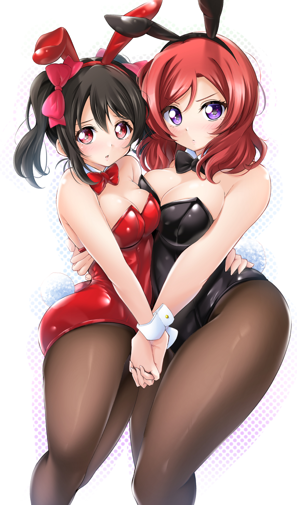 2girls, ass, big ass, big breasts, big hips, black hair, breasts, bunny ears, bunnysuit, cleavage, female, female only, hand holding, hips, kirisaki reina, leotard, light skin, light-skinned female, love live!, love live! school idol project, mostly clothed, multiple females, multiple girls, nishikino maki, purple hair, red eyes, red hair, thick thighs, thighs, tight clothing, yazawa nico, yuri