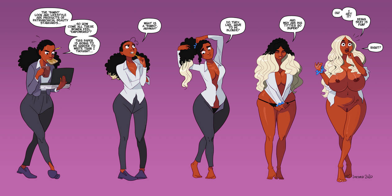 1girls, ass expansion, bimbo, bimbofication, blonde hair, breast expansion, breast growth, breast growth (enlargement), breasts, cleavage, dark skin, dark-skinned female, dialogue, female, growth, huge breasts, sequence, solo, solo female, sortimid, thick thighs, transformation, wide hips