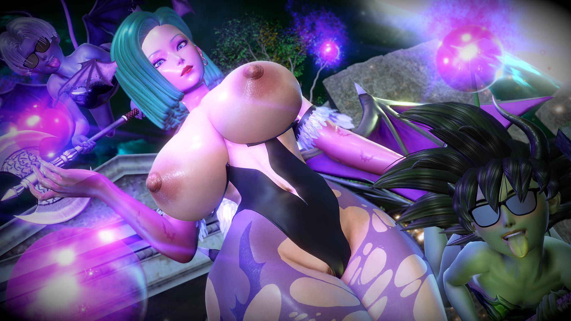 3d, alternate version available, android 18, big breasts, breasts, clothing, cosplay, curvy, darkstalkers, demon, demon boy, dragon ball, dragon ball z, female, green hair, honey select, huge breasts, huge nipples, krillinresort, large areolae, large breasts, male, morrigan aensland (cosplay), ripped clothing, short hair, son goten, thick thighs, tight clothing, tongue, tongue out, torn clothes, trunks briefs