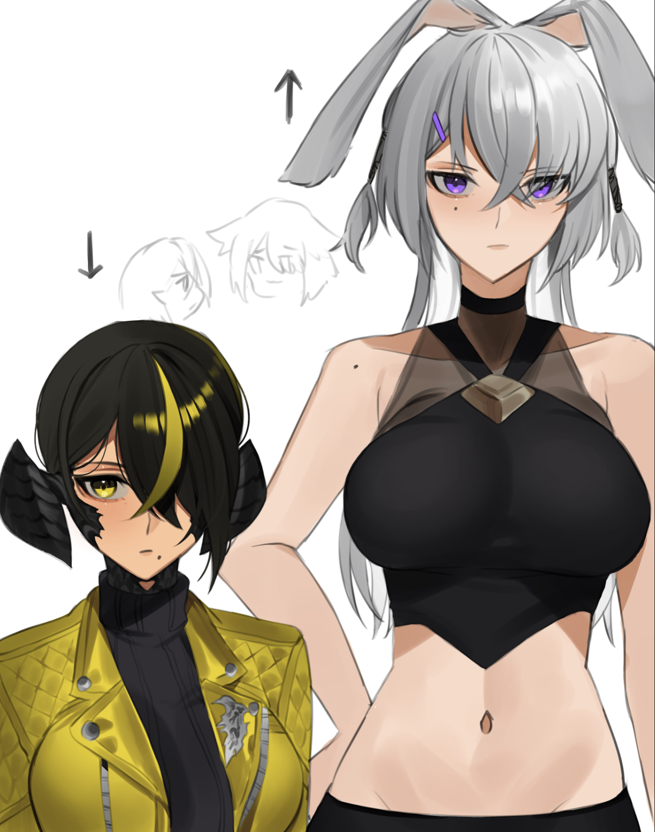 au ra, bangs, bare arms, bare midriff, bare shoulders, belly button, big breasts, black hair, black legwear, black skirt, breasts, bunny ears, clothed, clothing, dark elf, dark hair, dark skin, dark-skinned female, elf, elf ears, elf female, female, female focus, female only, final fantasy, final fantasy xiv, hair between eyes, hair over one eye, height difference, horn, horned humanoid, horns, large breasts, lilith (lilycious), lilycious, long sleeves, looking at viewer, midriff baring shirt, mole, mole under mouth, multicolored hair, open clothes, pointy ears, purple eyes, see-through clothing, short hair, tagme, taller female, viera, white hair, xaela, yellow eyes, yellow hair