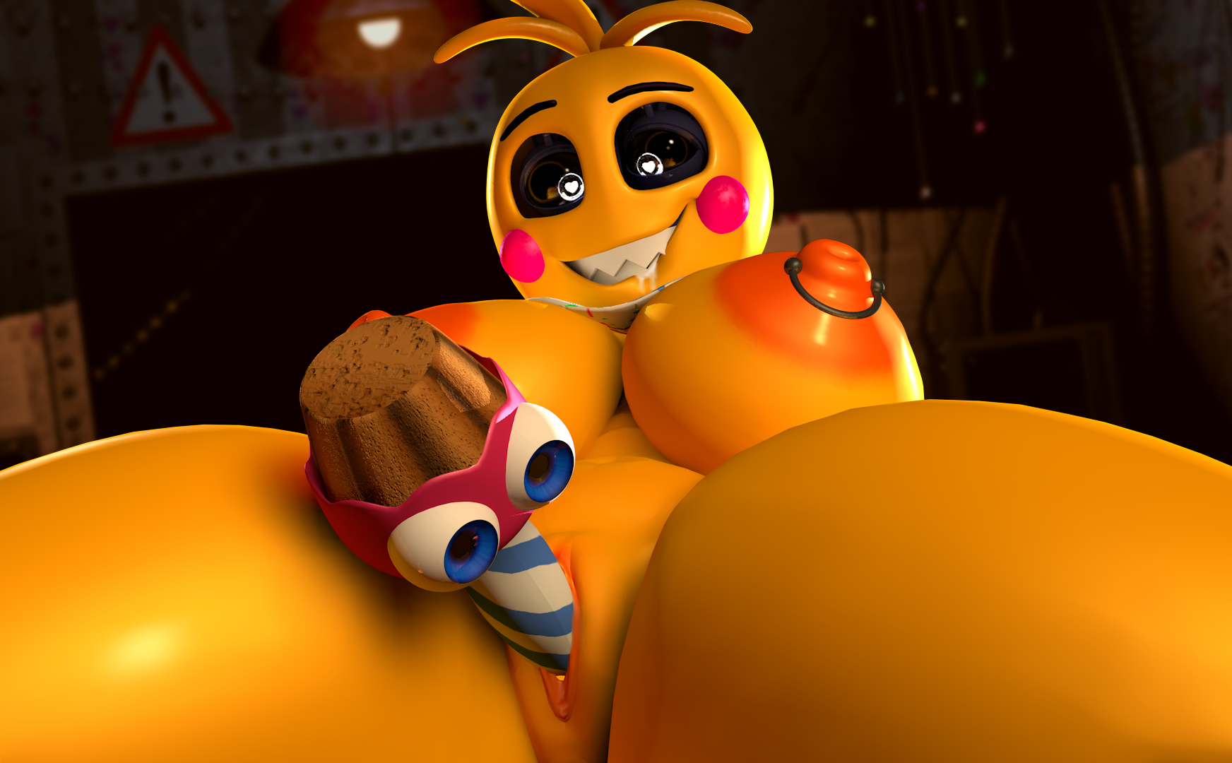 3d, 3d (artwork), 3d model, animatronic, bib, c4d max, chicken, cupcake (fnaf), female, five nights at freddy's, five nights at freddy's 2, huge toy chica, lovetaste chica, masturbation, nipple piercing, nipples, object insertion, piercing, pussy, sharp teeth, solo, toy chica (fnaf), toy chica (love taste), yellow skin