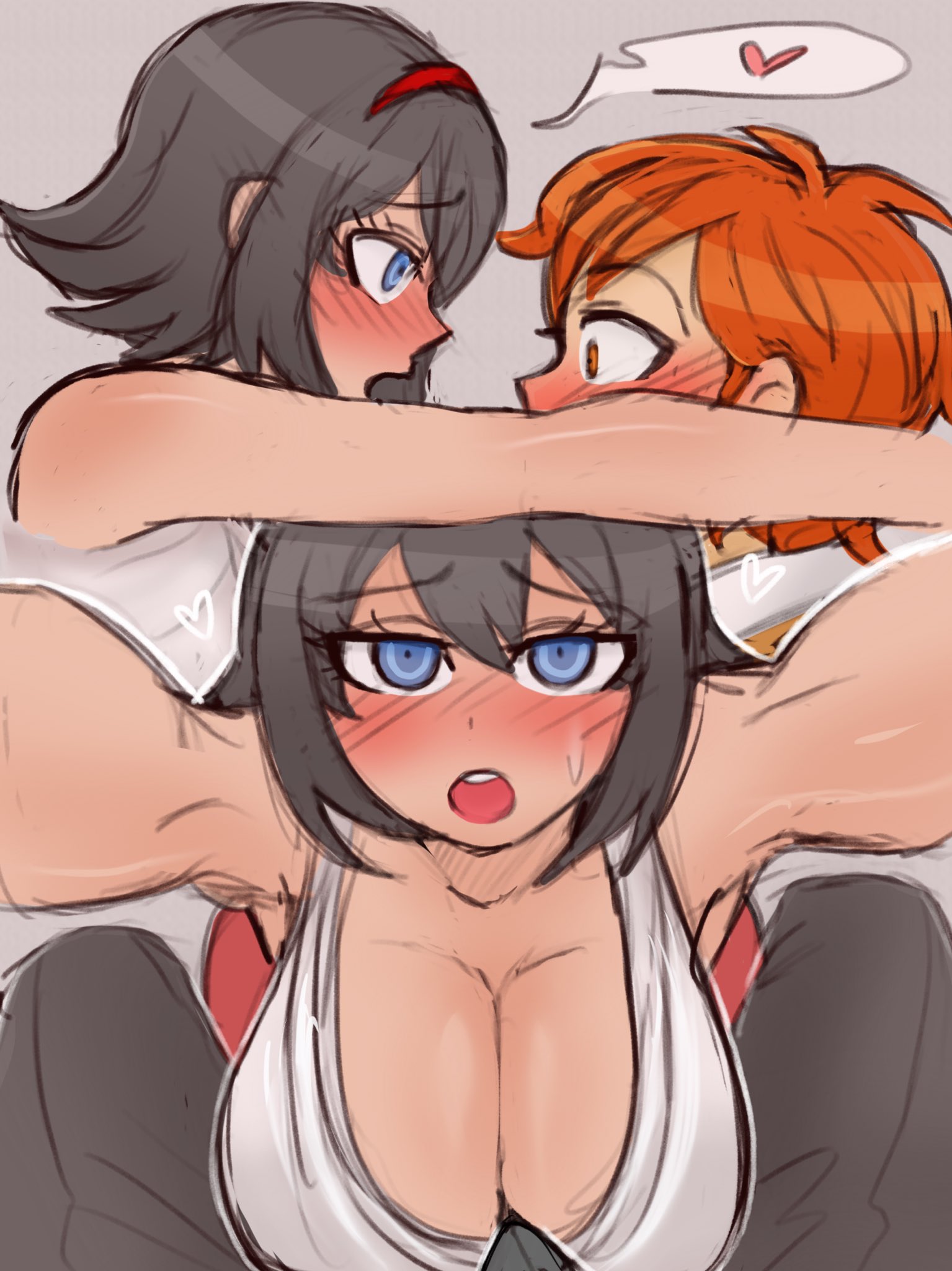 1boy, 1girls, big breasts, black hair, blush, breasts, danganronpa, danganronpa another, erection, fanganronpa, female, hatano ayame, headband, horny, kabedon, maeda yuki, male, orange hair, raydeluxxxe, smooth skin