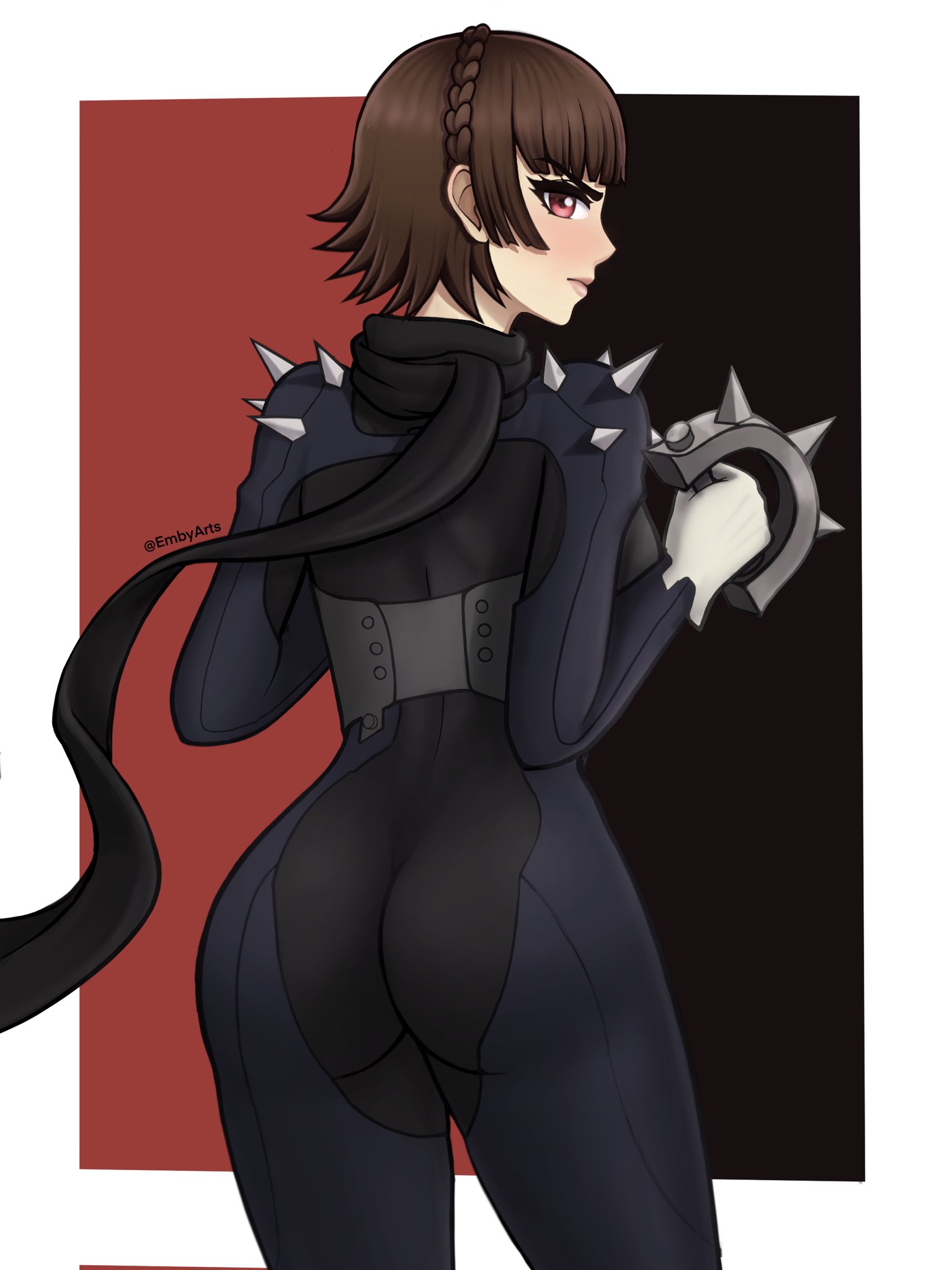 1girls, ass, atlus, bodysuit, breasts, clothed, clothing, embyarts, female, human, makoto niijima, makoto niijima (queen), pale skin, persona, persona 5, phantom thief suit, sideboob, solo