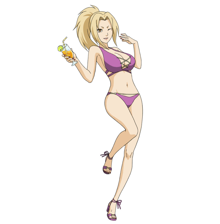 1girls 2d aged_down bare_legs bare_shoulders belly bikini blonde_hair breasts brown_eyes cleavage collarbone cup drinking_glass drinking_straw fat_breasts female female_only flat_belly food fruit fully_clothed high_heels huge_breasts leg_up legs lemon lemon_slice looking_at_viewer nail_polish naruto naruto_shippuden navel official_alternate_costume official_art one_eye_closed ponytail purple_bikini red_nails smile solo solo_female swimsuit toenail_polish toenails toes tsunade white_background wink young_tsunade