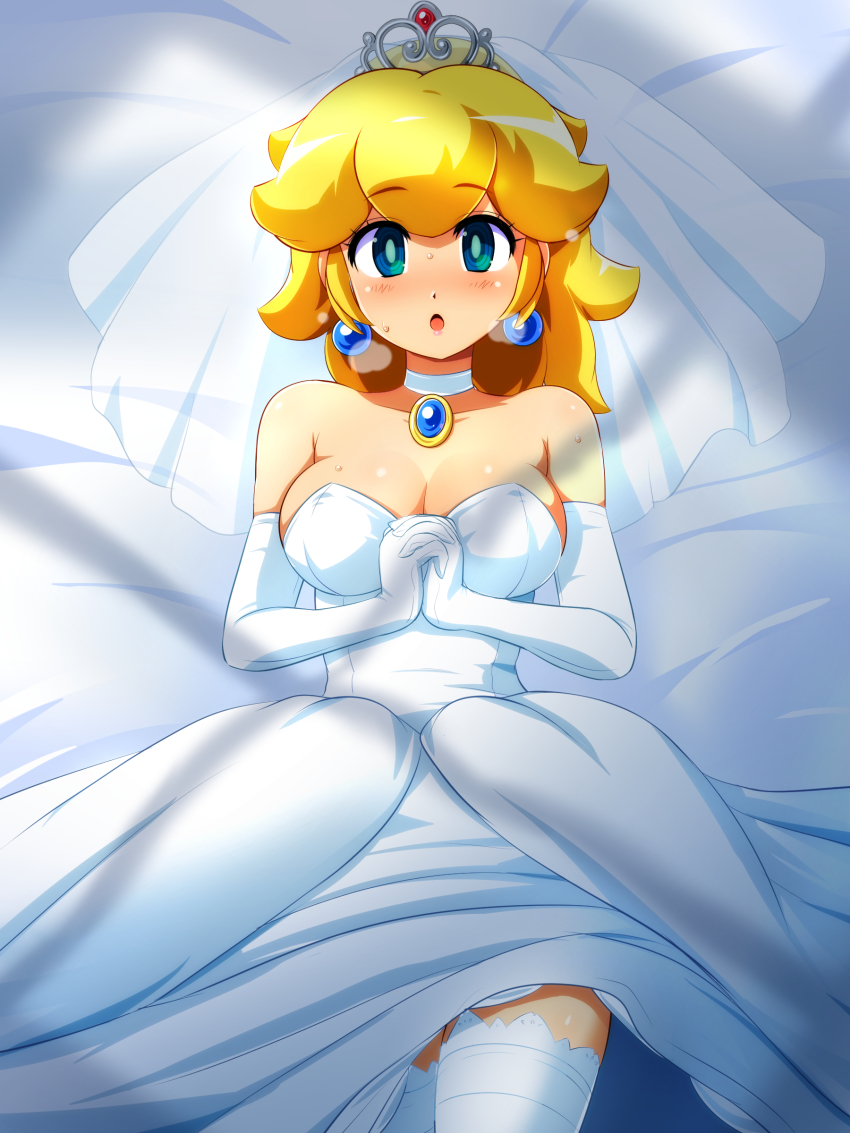 1girls, big breasts, breasts, bride, choker, female, female only, fully clothed, konpeto, looking at viewer, mario (series), nintendo, princess peach, super mario odyssey, tagme, wedding dress, wedding peach (super mario odyssey)