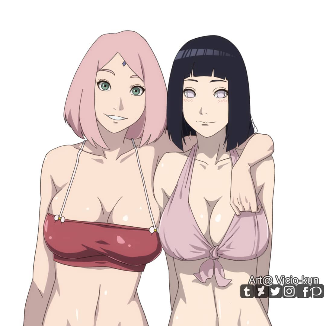 2girls, arms behind back, bare arms, bare shoulders, big breasts, bikini, bikini top, blue hair, blush, bob cut, boruto: naruto next generations, breasts, busty, cleavage, clothed, clothing, cute, female, female focus, female only, forehead jewel, forehead mark, front view, green eyes, haruno sakura, hyuuga hinata, large breasts, light skin, light-skinned female, looking at viewer, mature, mature female, medium hair, milf, naruto, naruto (series), naruto shippuden, naruto: the last, pale skin, pale-skinned female, pink bikini, pink hair, pink swimsuit, pinup, posing, purple eyes, red bikini, red swimsuit, revealing clothes, sakura haruno, shoulder length hair, shounen jump, smile, smiling, standing, swimsuit, uchiha sakura, uchiha sarada, uzumaki hinata, vicio-kun, voluptuous